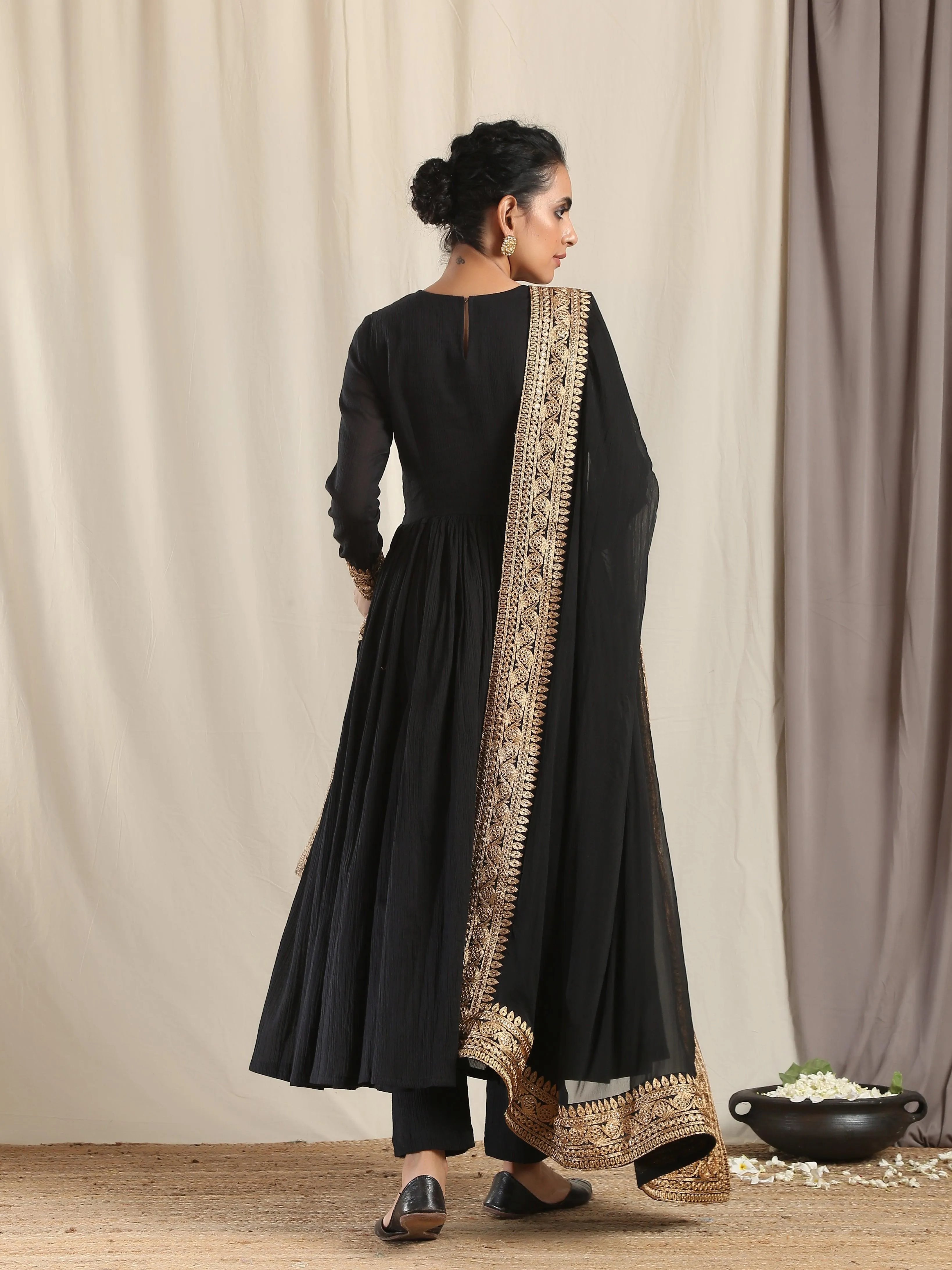 Black Crinkle Anarkali Kurta Pant Dupatta Set