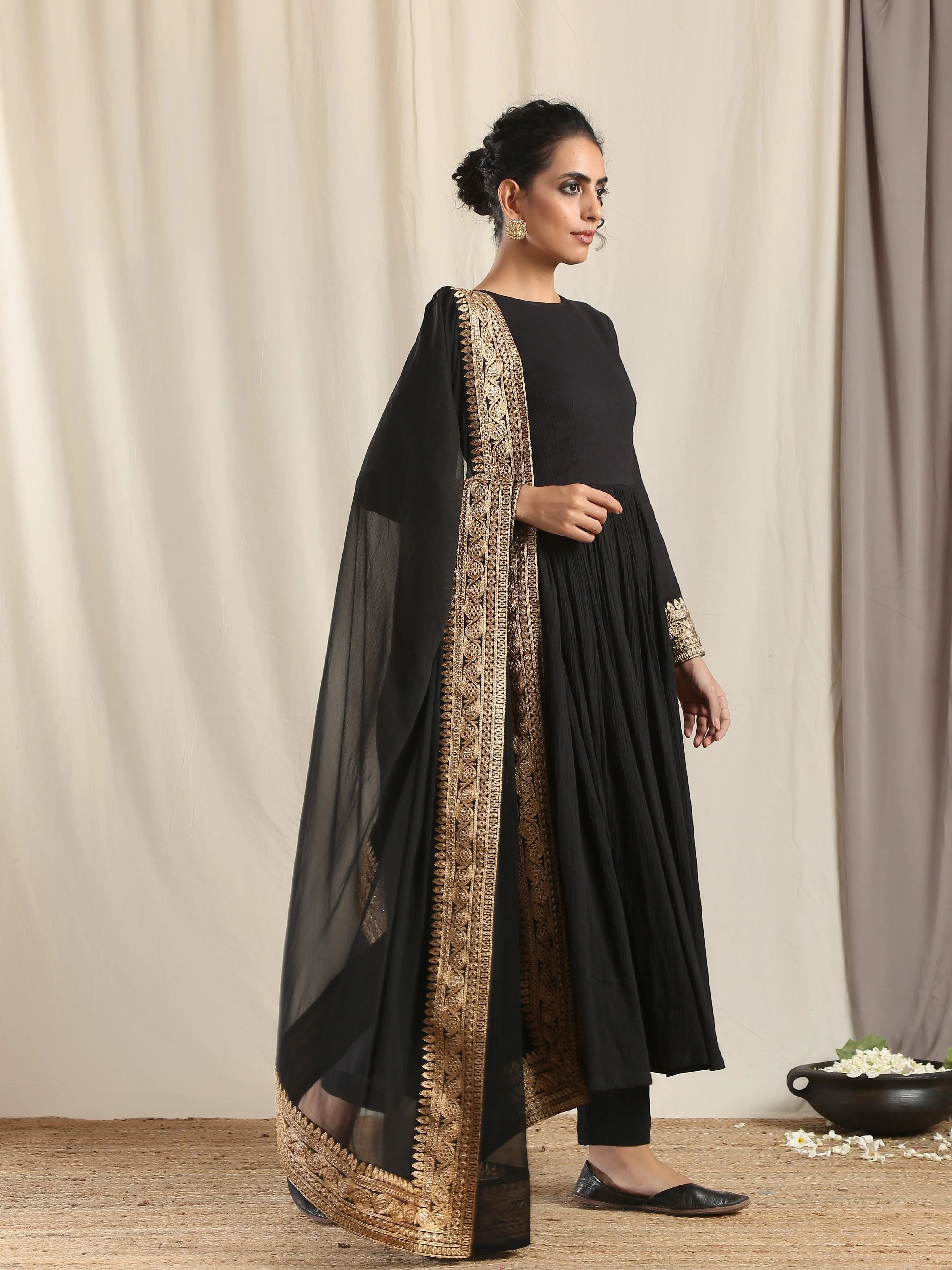 Black Crinkle Anarkali Kurta Pant Dupatta Set