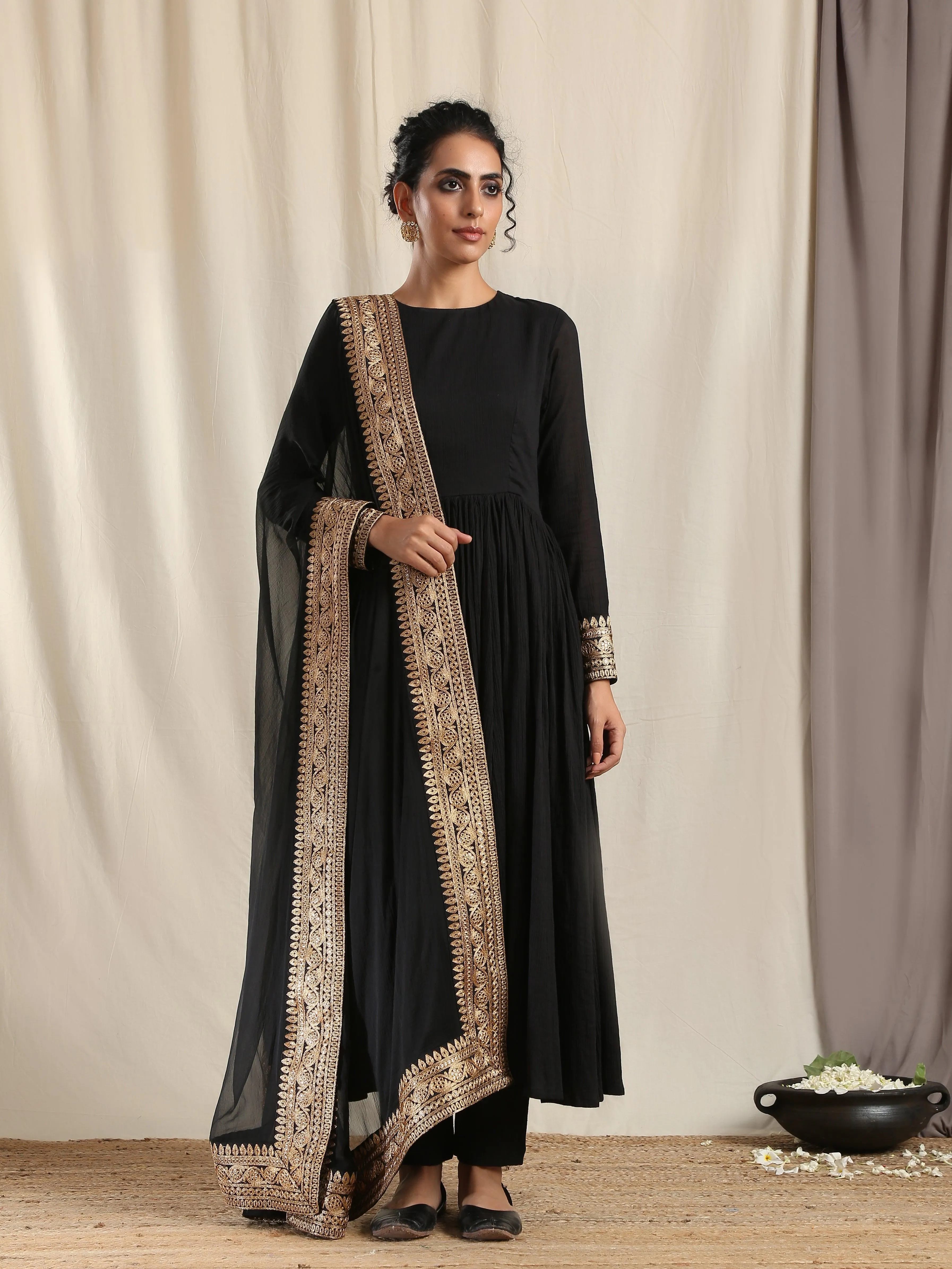 Black Crinkle Anarkali Kurta Pant Dupatta Set