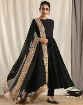 Black Crinkle Anarkali Kurta Pant Dupatta Set