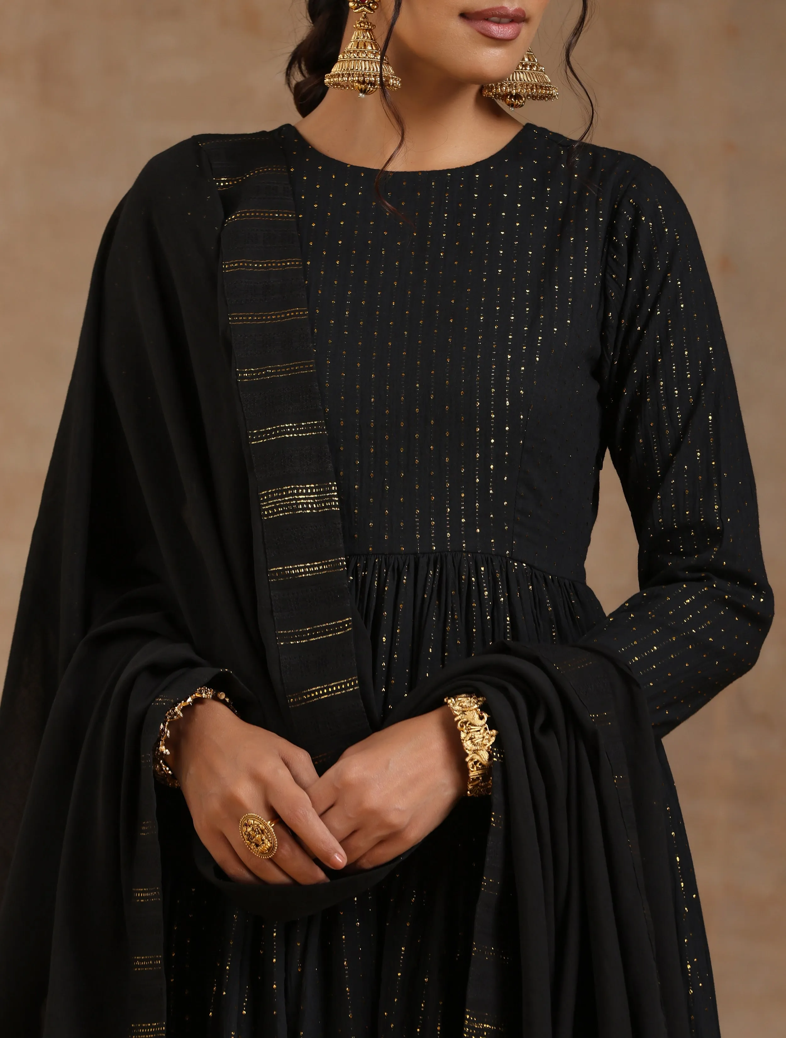 Black Gold Cotton Anarkali Set