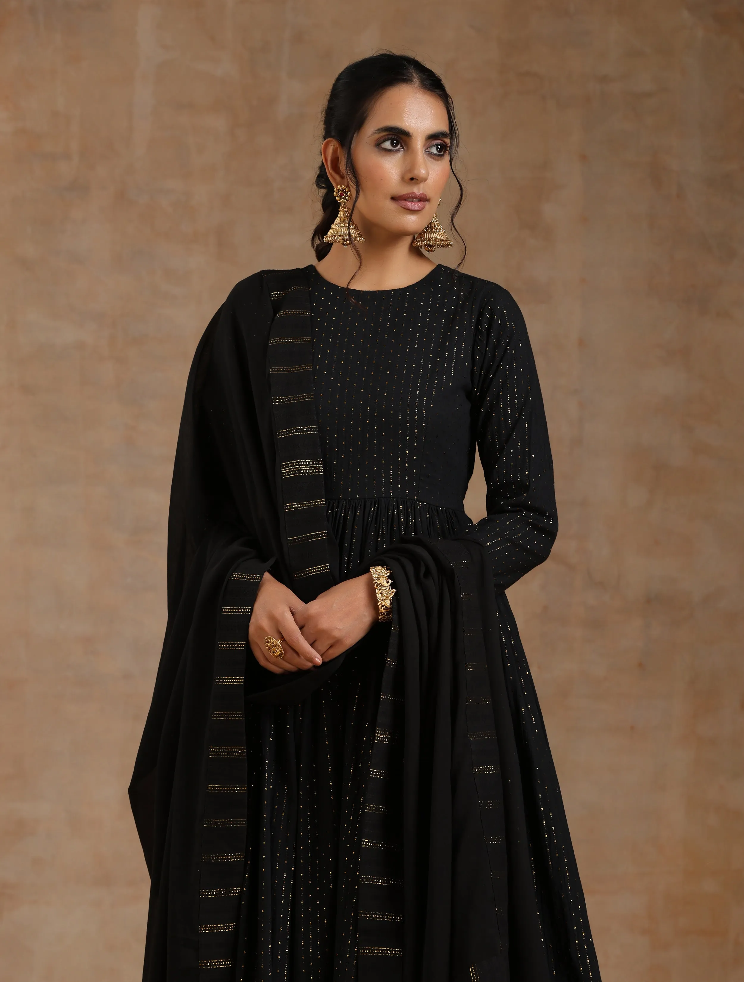 Black Gold Cotton Anarkali Set