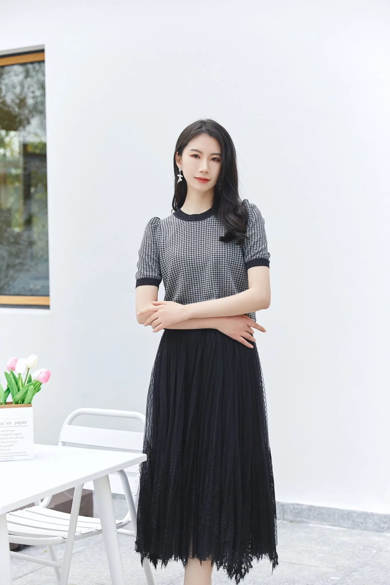 Black Knitted Puff Short Sleeve Sweater