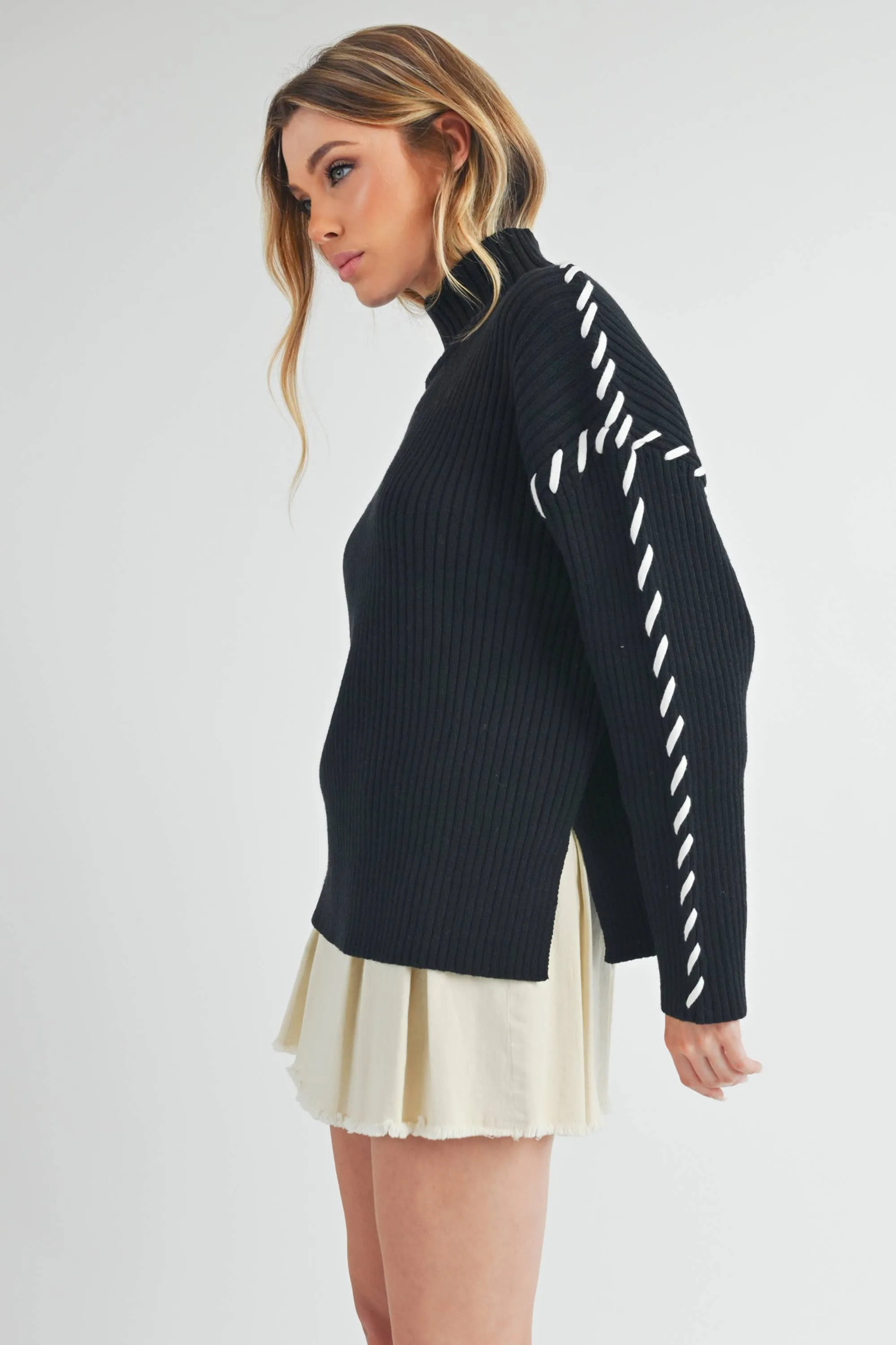 Black Mock Neck Ribbed Sweater