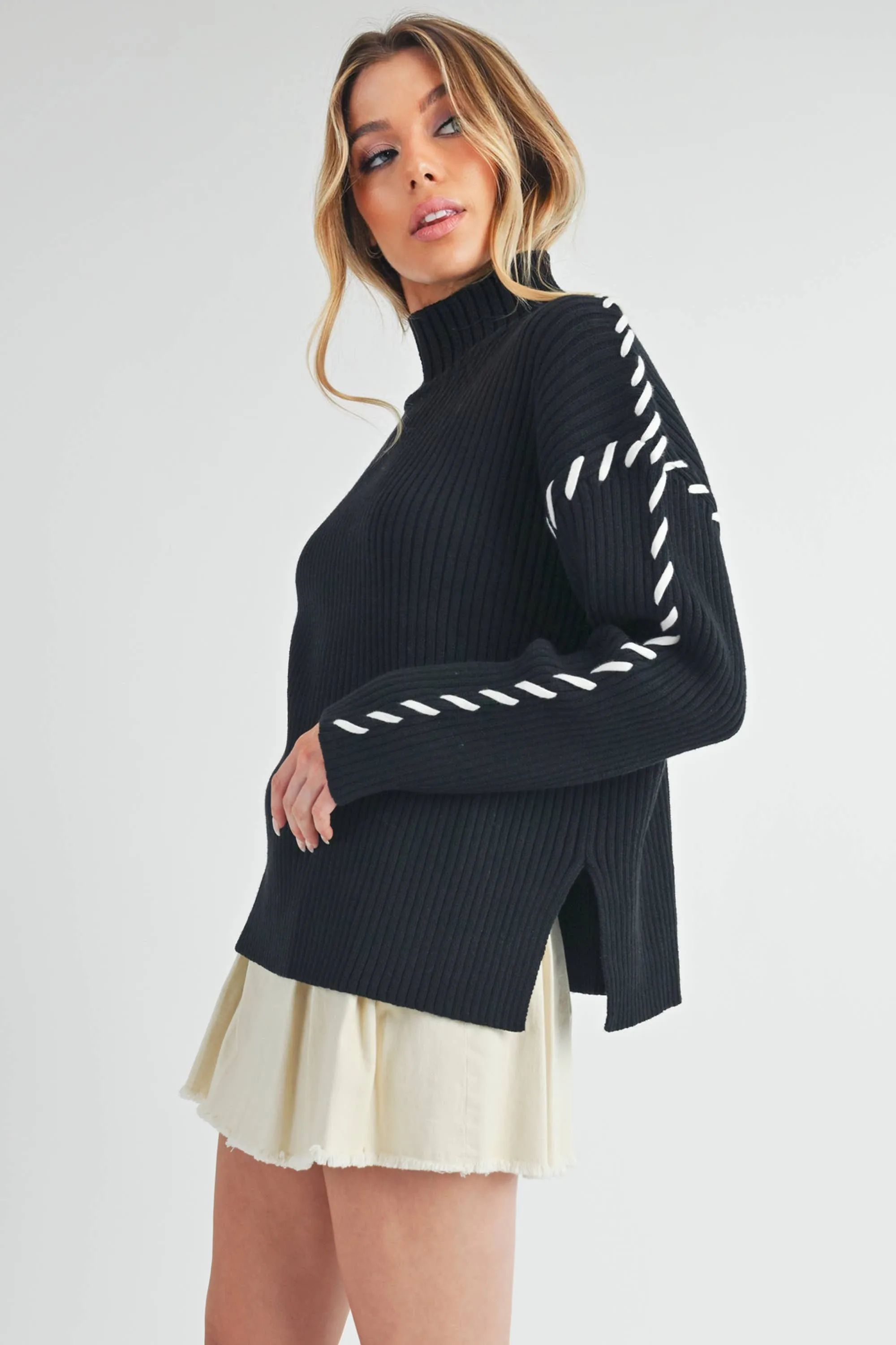 Black Mock Neck Ribbed Sweater