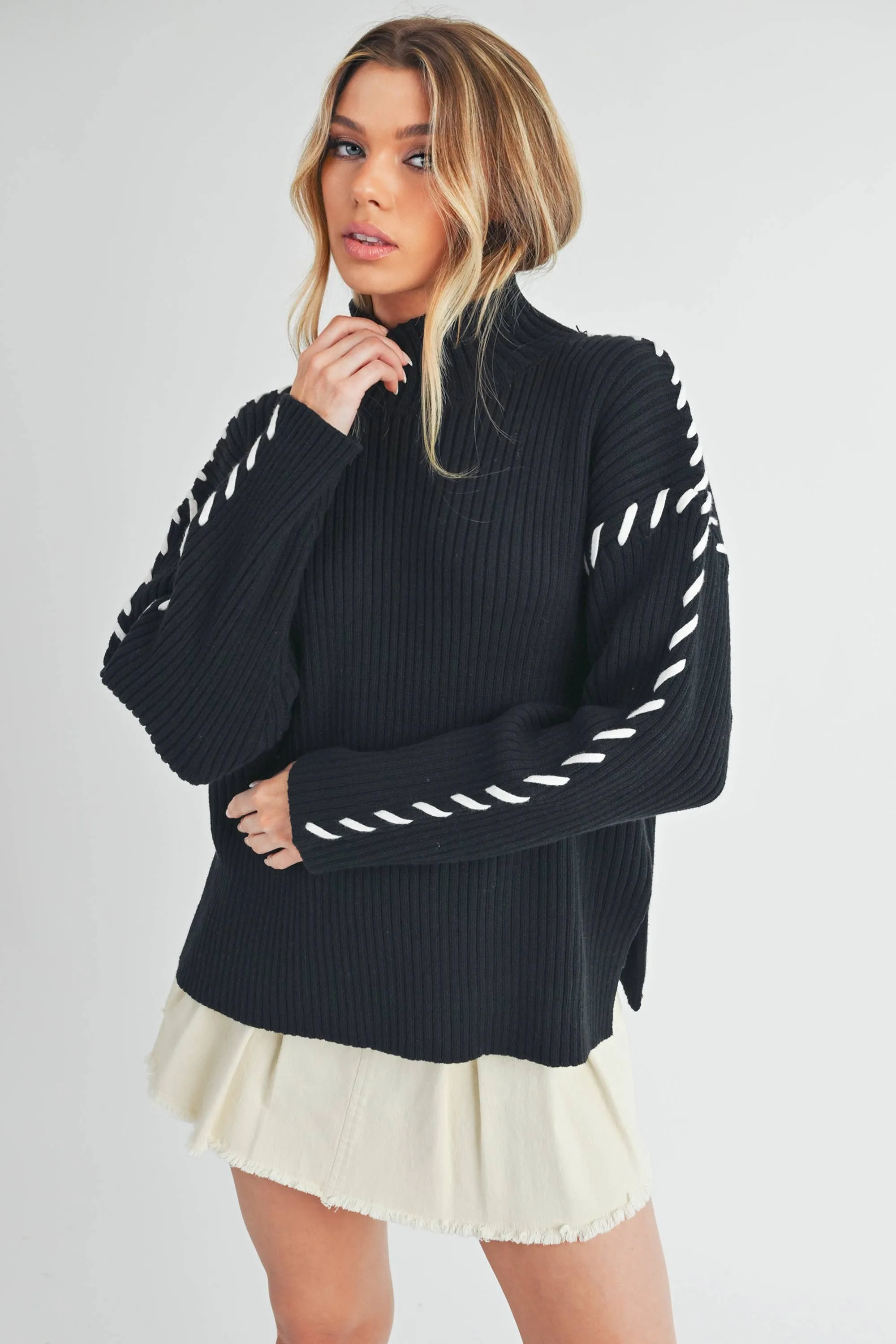 Black Mock Neck Ribbed Sweater