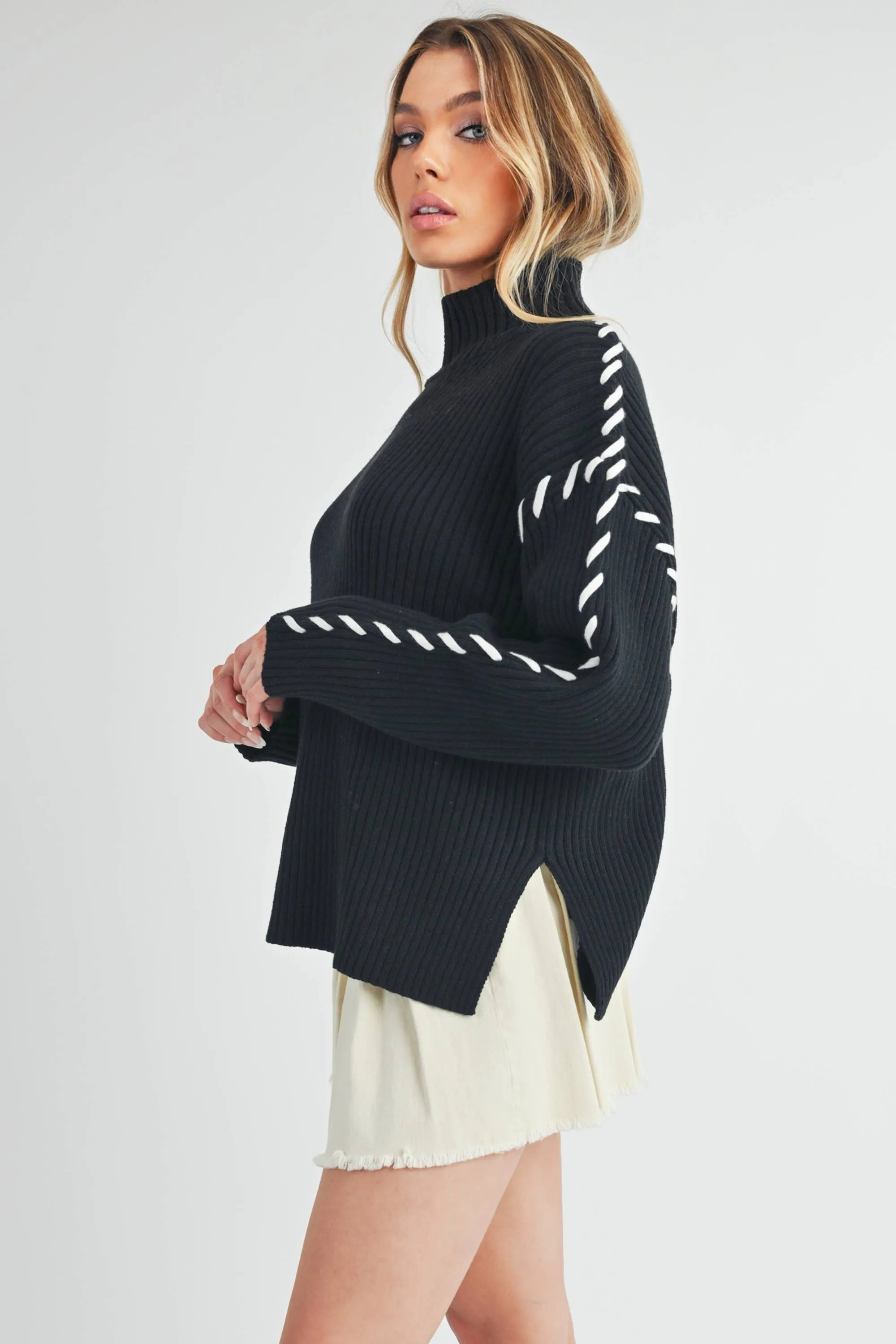 Black Mock Neck Ribbed Sweater