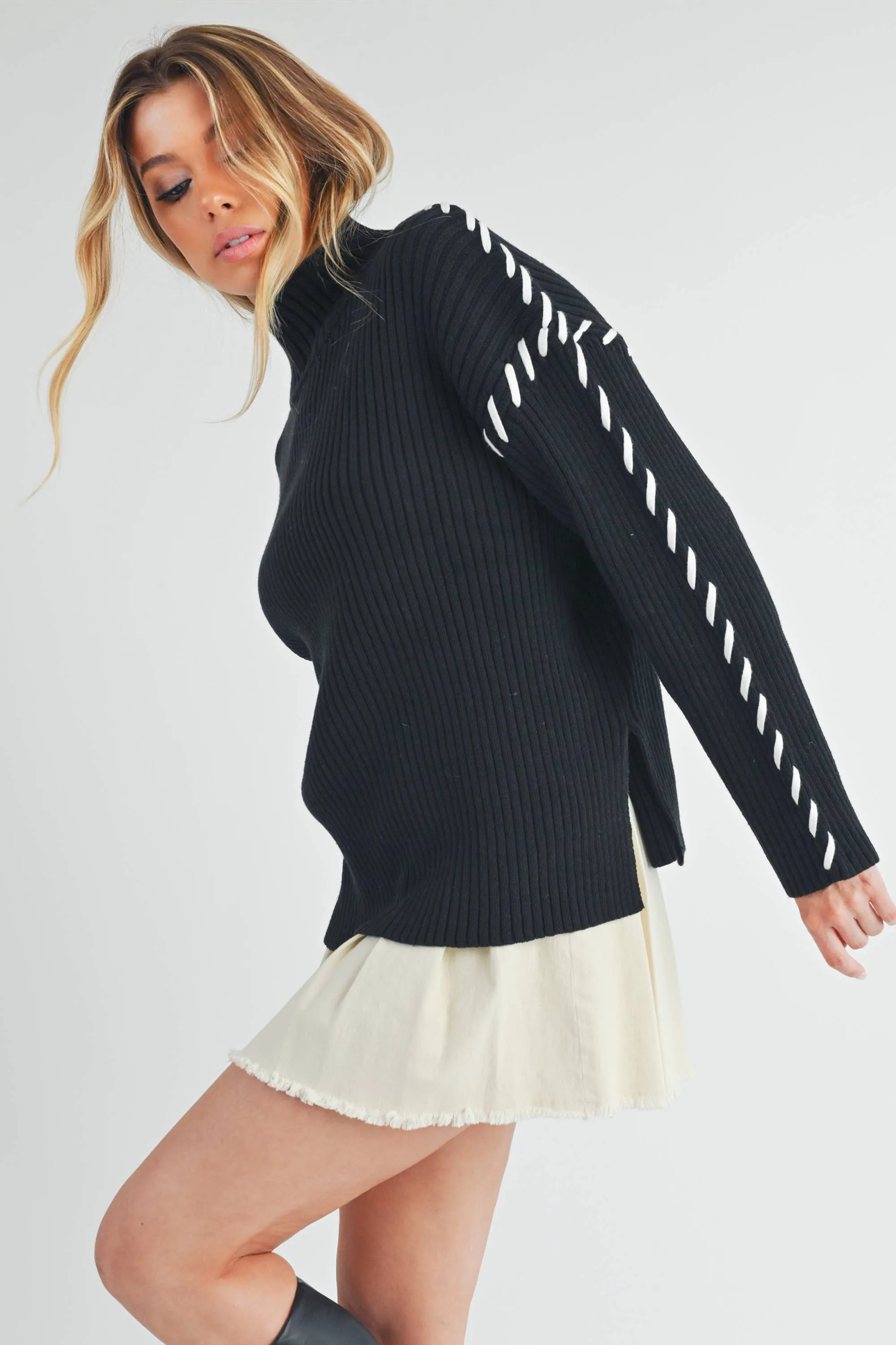 Black Mock Neck Ribbed Sweater