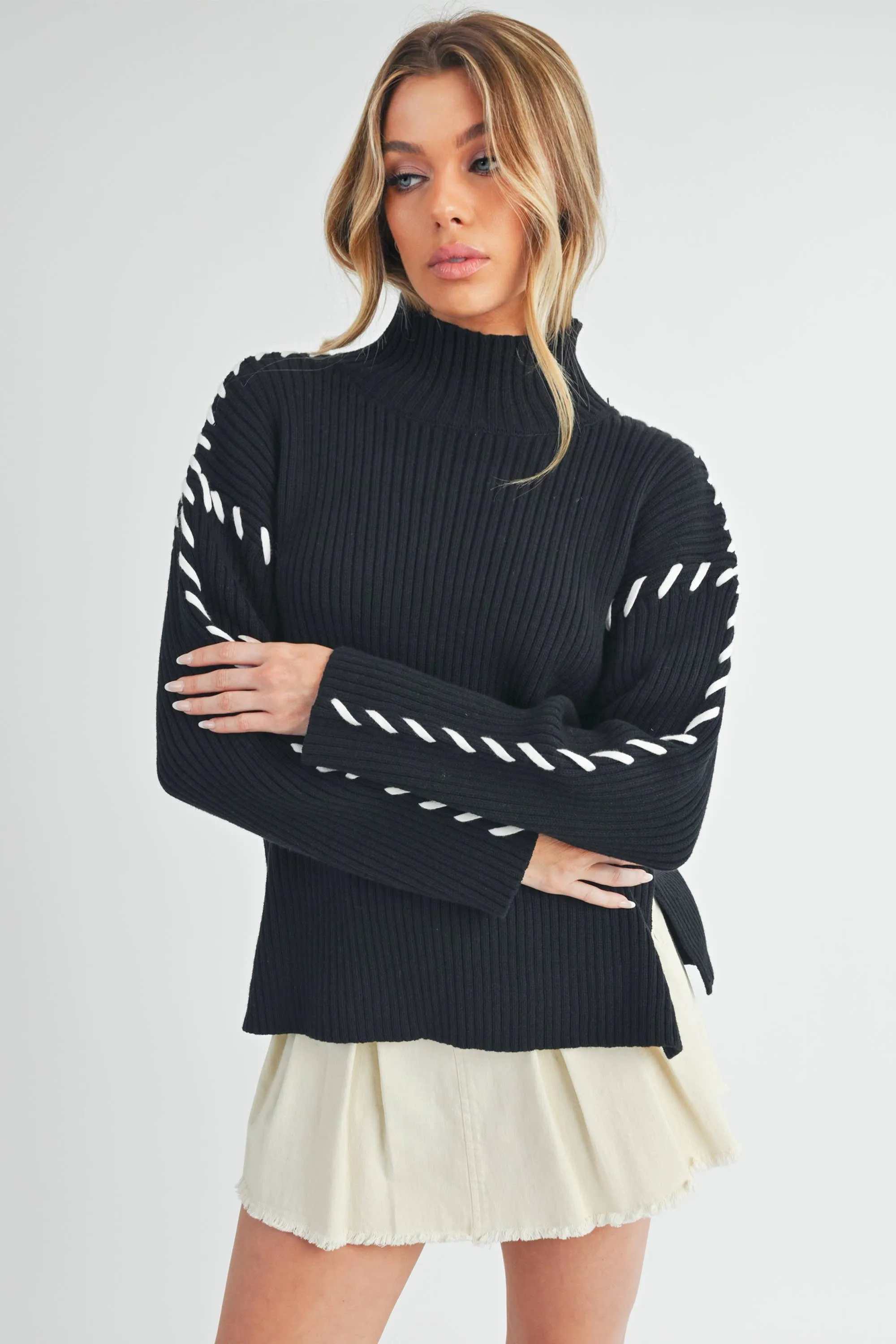 Black Mock Neck Ribbed Sweater