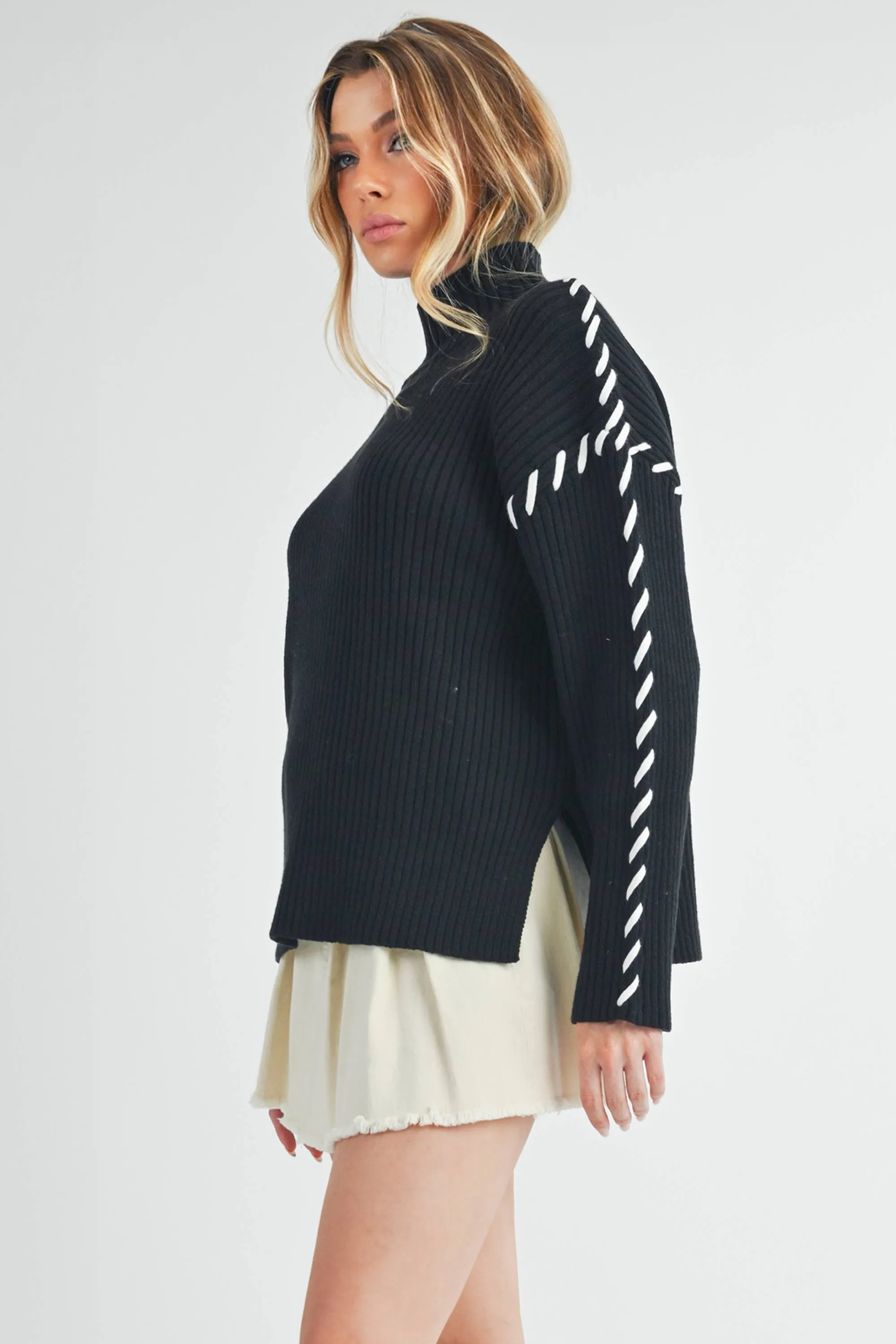 Black Mock Neck Ribbed Sweater