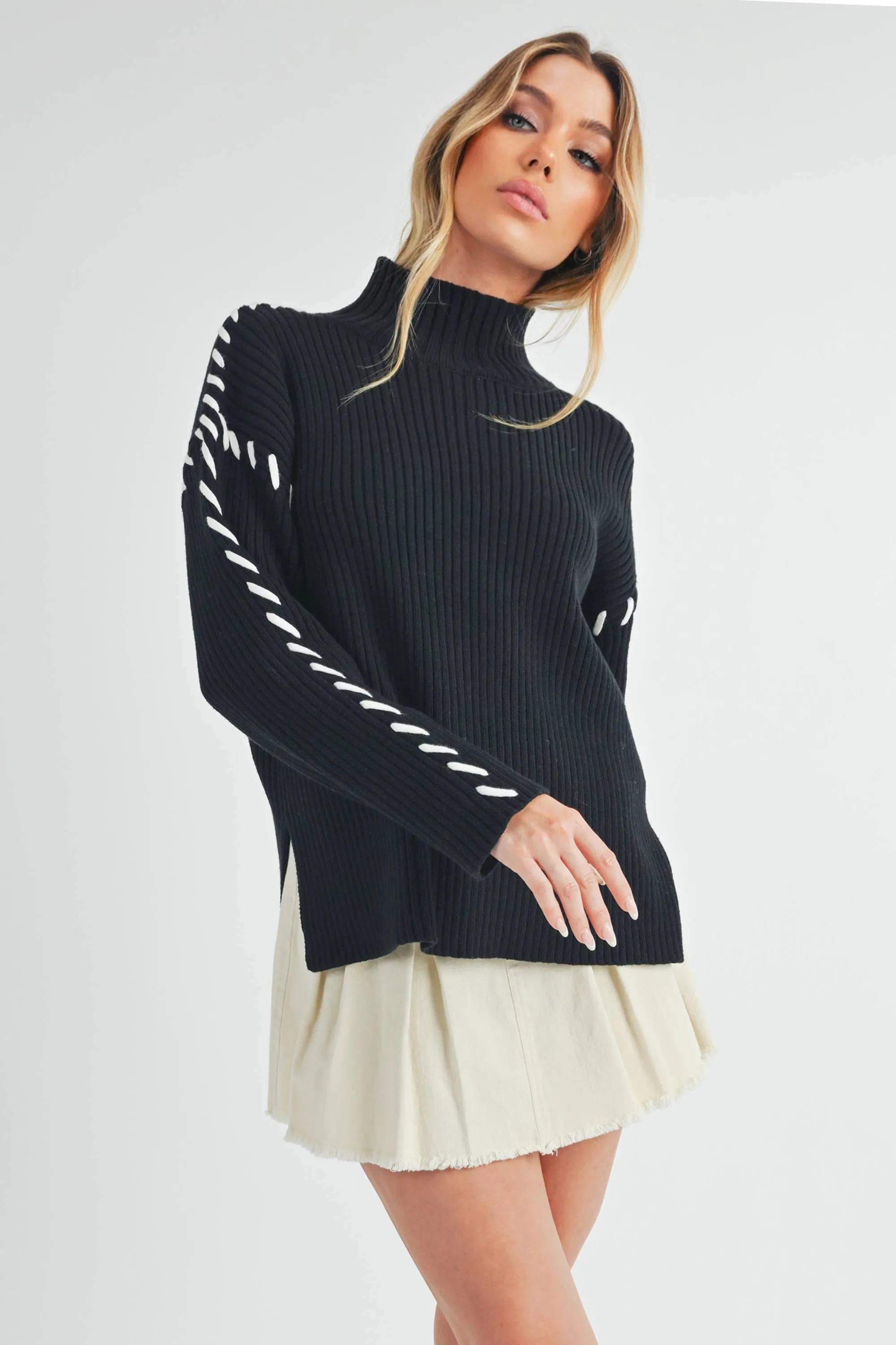 Black Mock Neck Ribbed Sweater