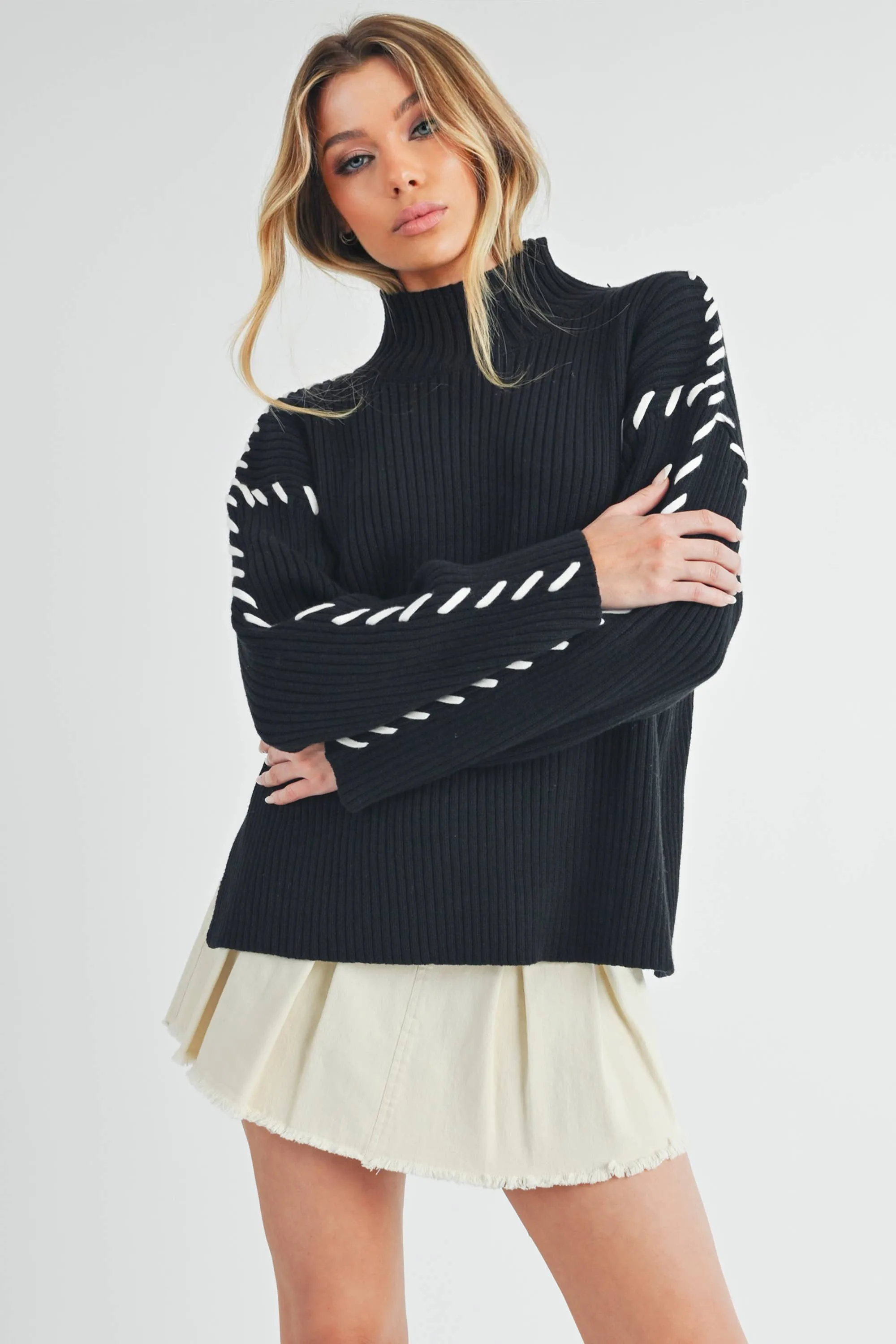 Black Mock Neck Ribbed Sweater