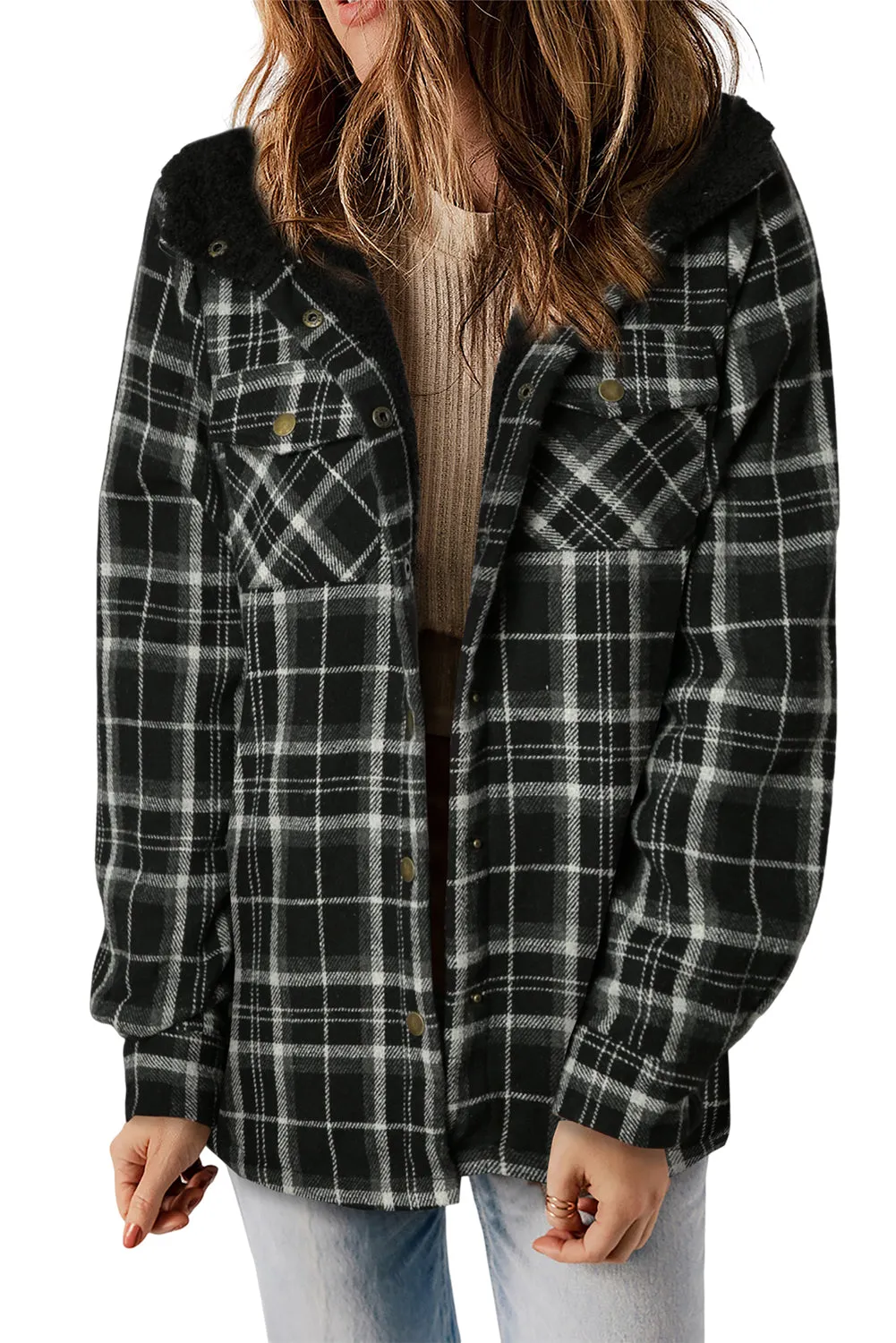 Black Plaid Pattern Hooded Shacket