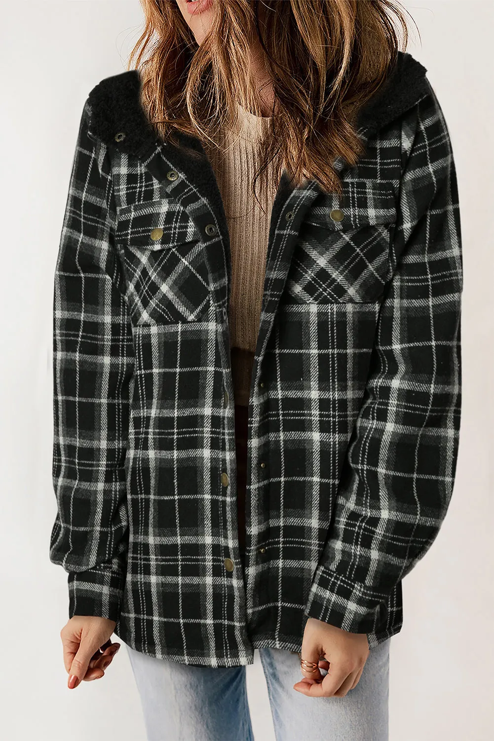 Black Plaid Pattern Hooded Shacket