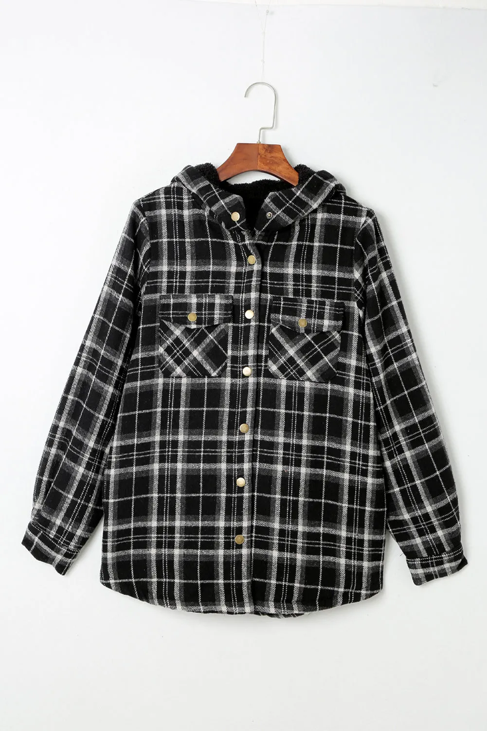 Black Plaid Pattern Hooded Shacket