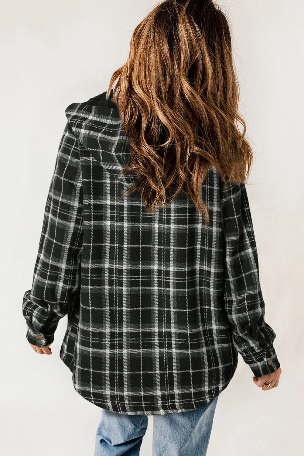 Black Plaid Pattern Hooded Shacket