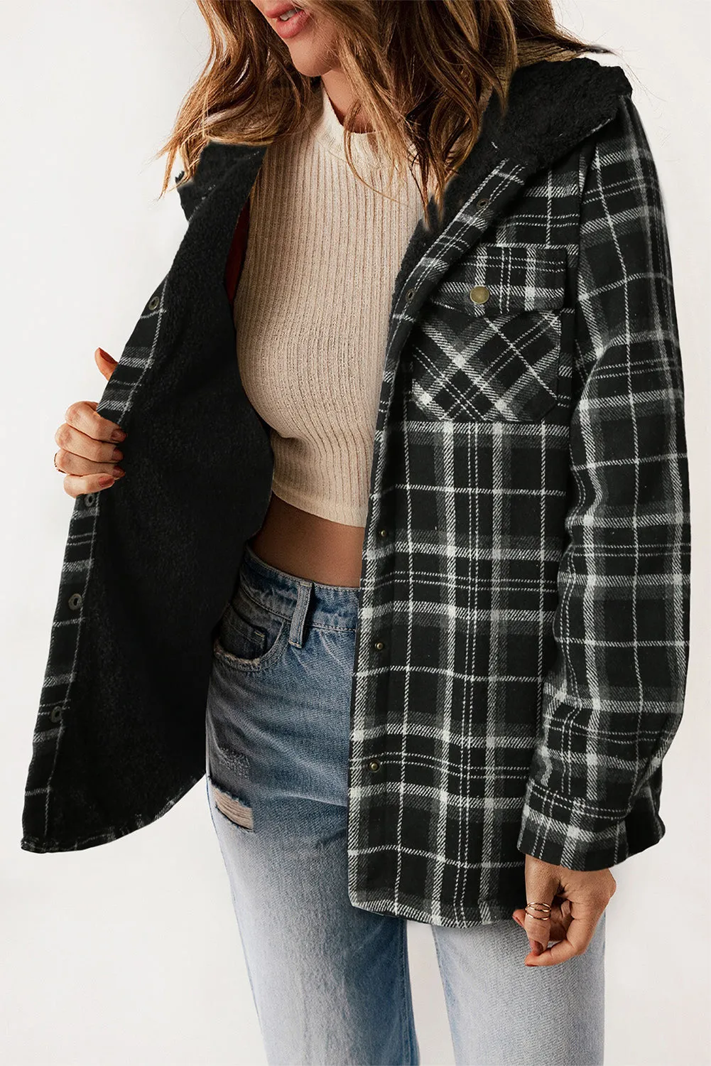 Black Plaid Pattern Hooded Shacket