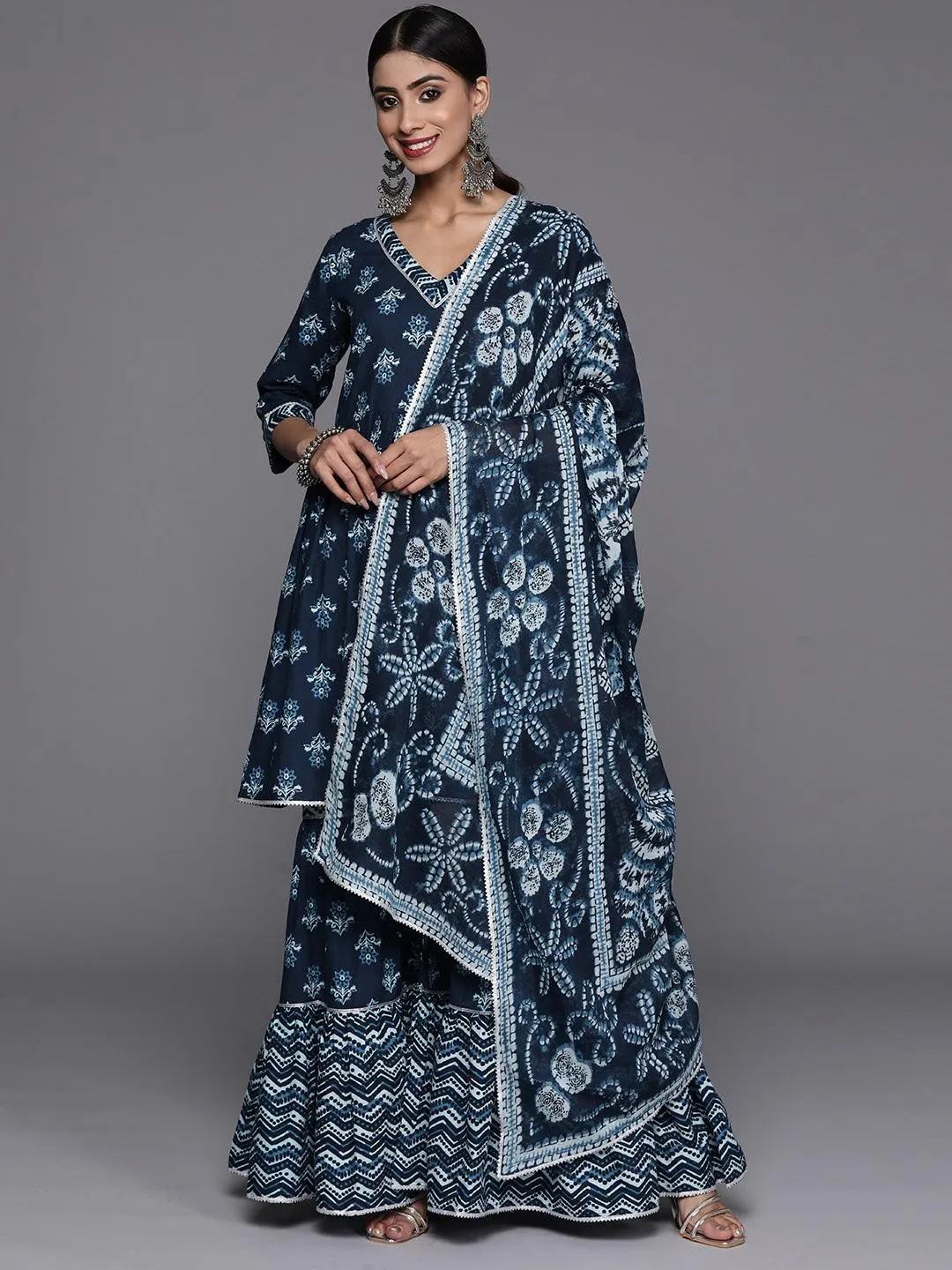 Blue Printed Cotton Anarkali Sharara Suit Set With Dupatta