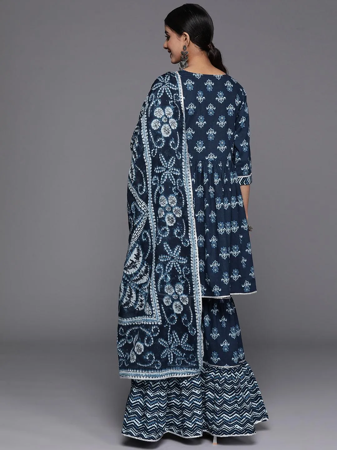 Blue Printed Cotton Anarkali Sharara Suit Set With Dupatta