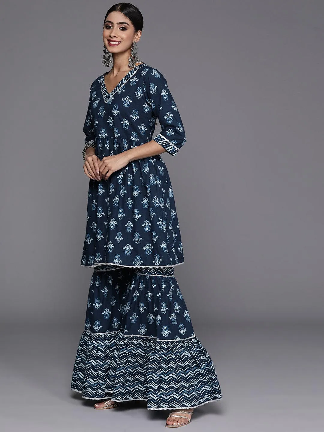 Blue Printed Cotton Anarkali Sharara Suit Set With Dupatta