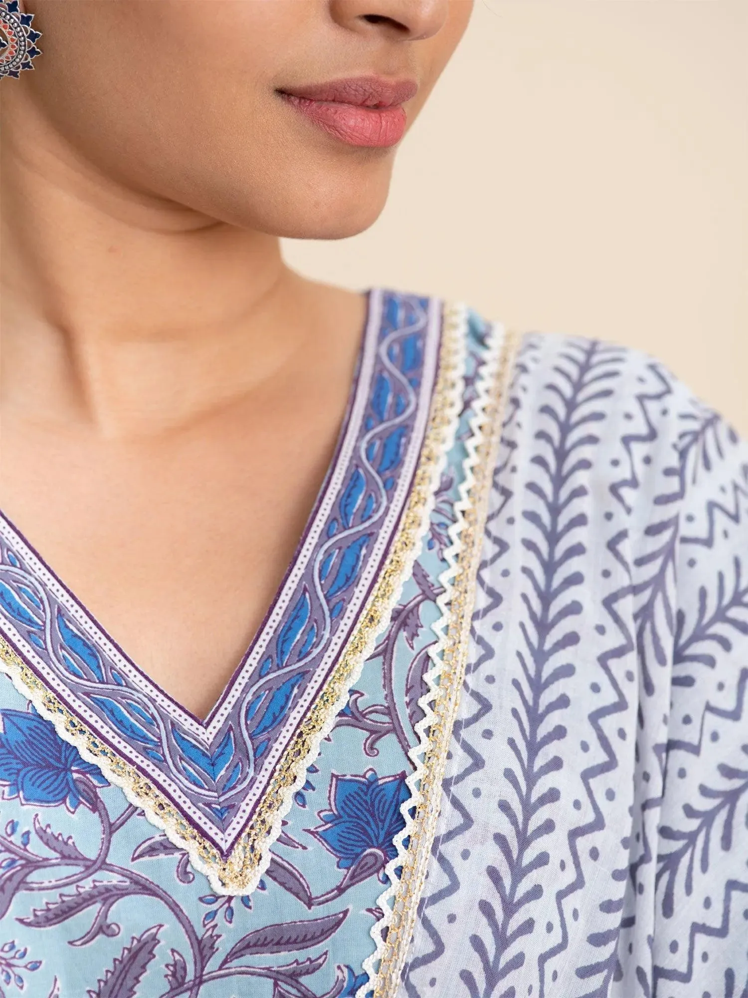 Blue Printed Cotton Straight Kurta With Sharara & Dupatta