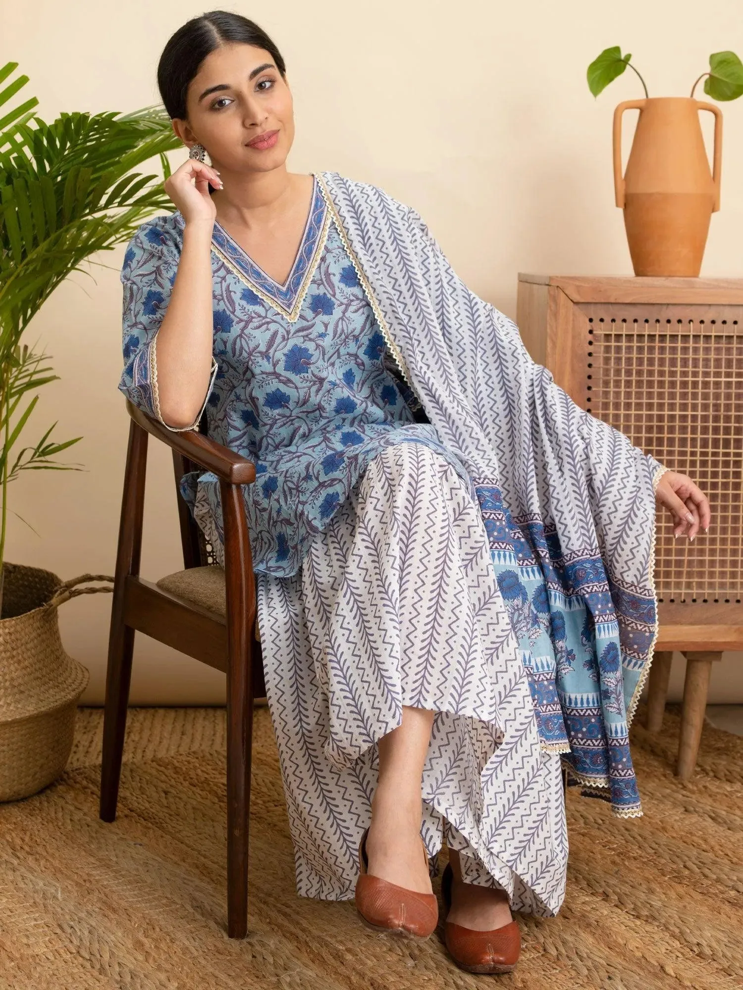 Blue Printed Cotton Straight Kurta With Sharara & Dupatta