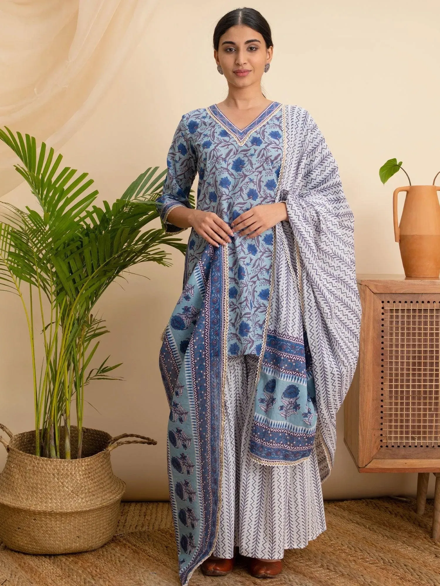 Blue Printed Cotton Straight Kurta With Sharara & Dupatta