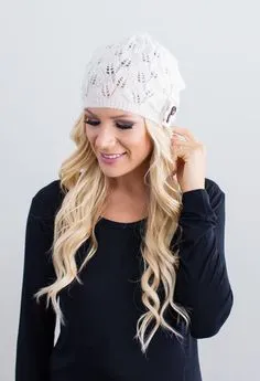 Boho Beanie Lace And Button White Stocking Cap Crochet Lace Wooden Button Slouch Hat One Size