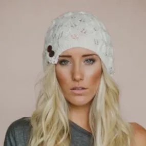 Boho Beanie Lace And Button White Stocking Cap Crochet Lace Wooden Button Slouch Hat One Size