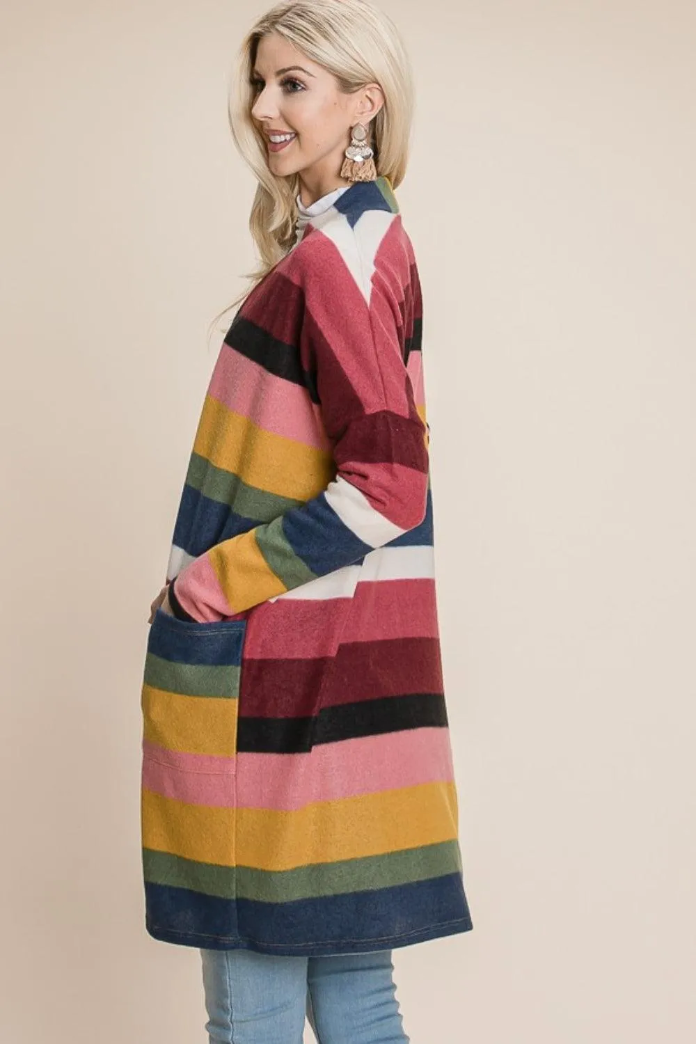 BOMBOM Color Block Striped Open Front Cardigan