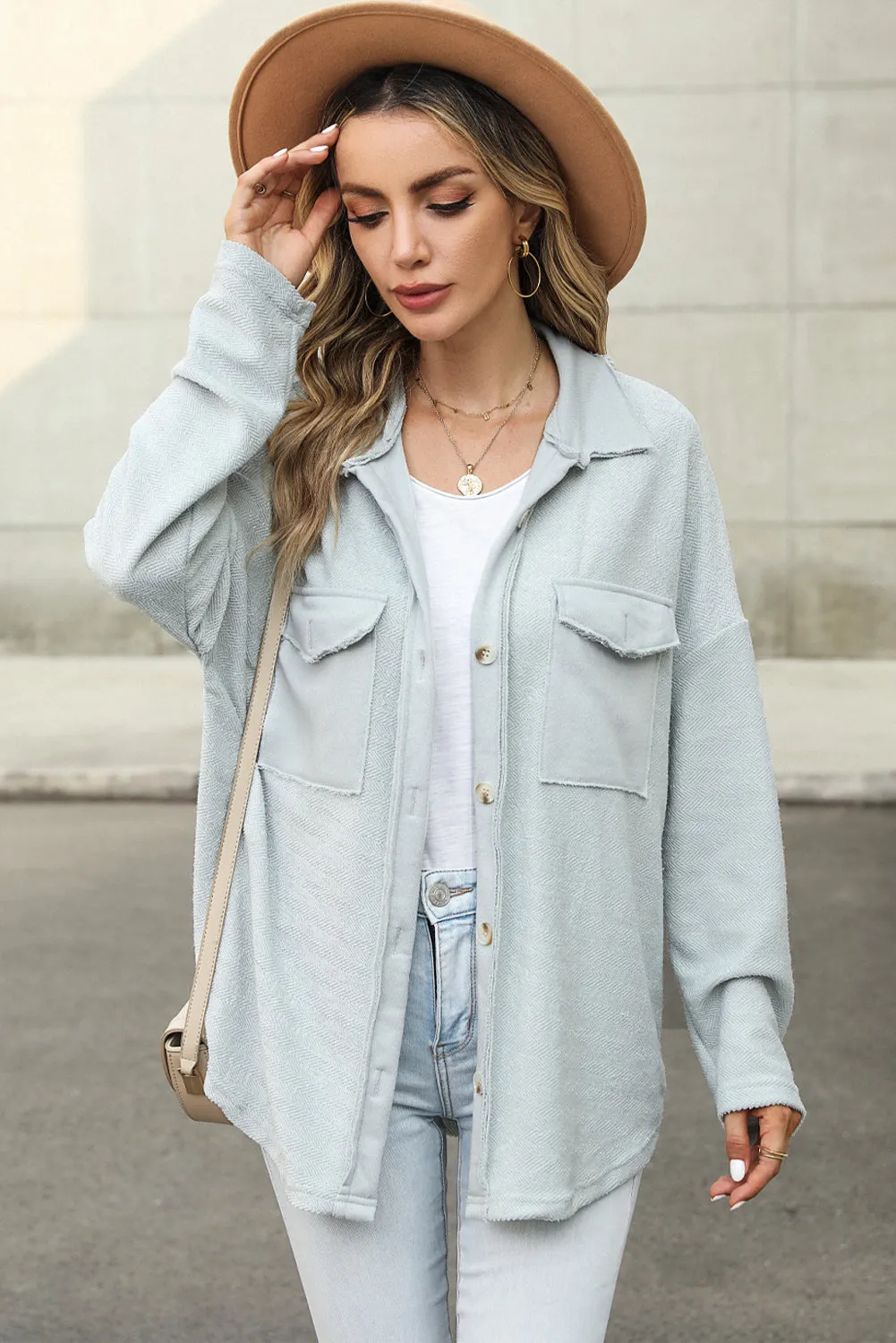 Brown Solid Color Textured Button Up Shacket with Pockets