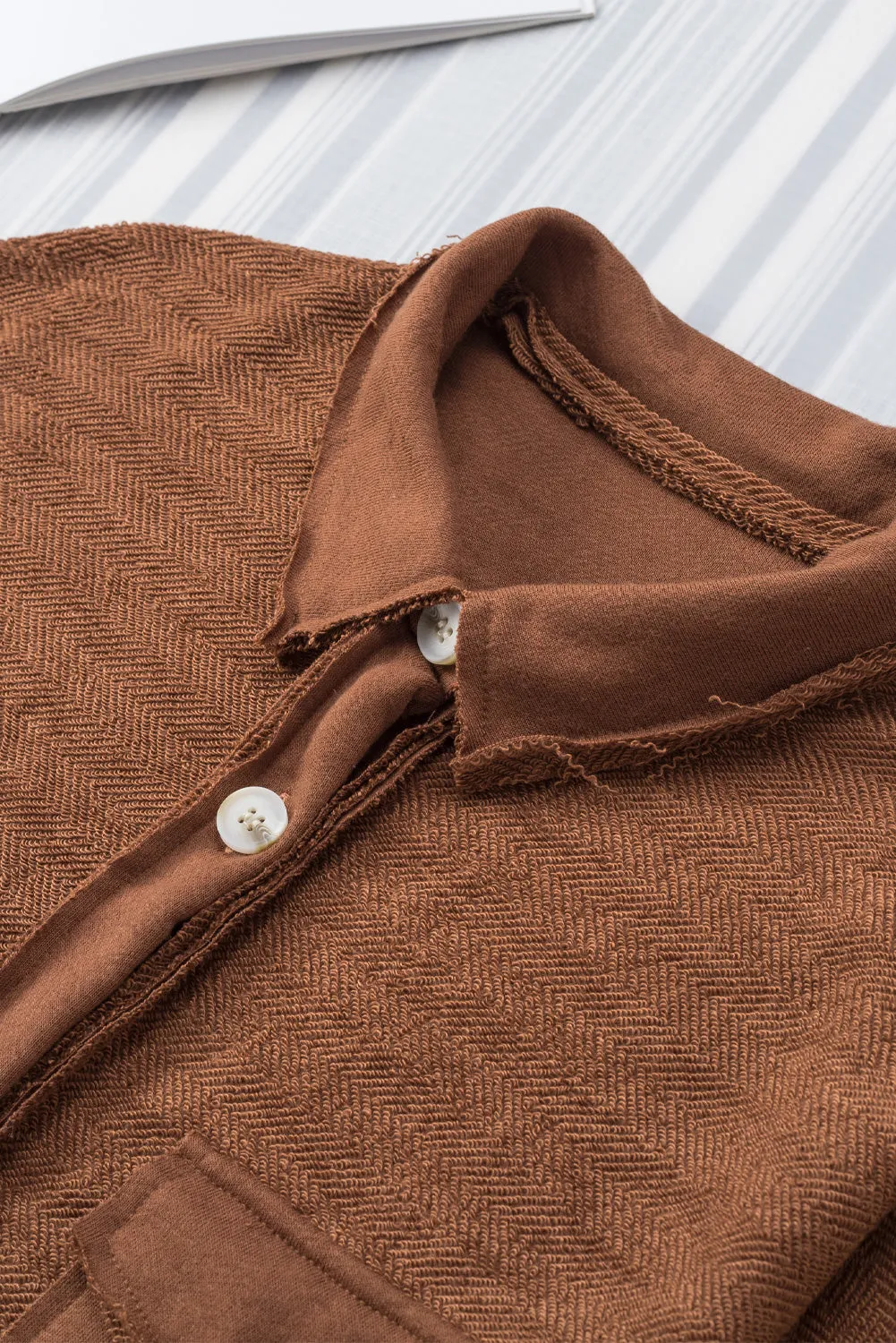 Brown Solid Color Textured Button Up Shacket with Pockets