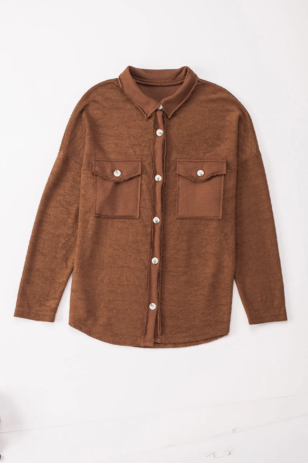 Brown Solid Color Textured Button Up Shacket with Pockets