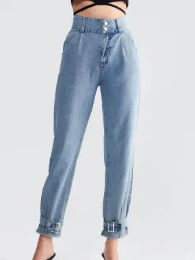 Button Belted Pocket High Waist Carrot Jeans