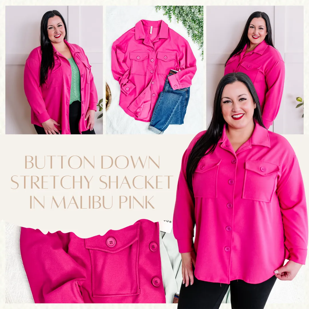 Button Down Stretchy Shacket In Malibu Pink