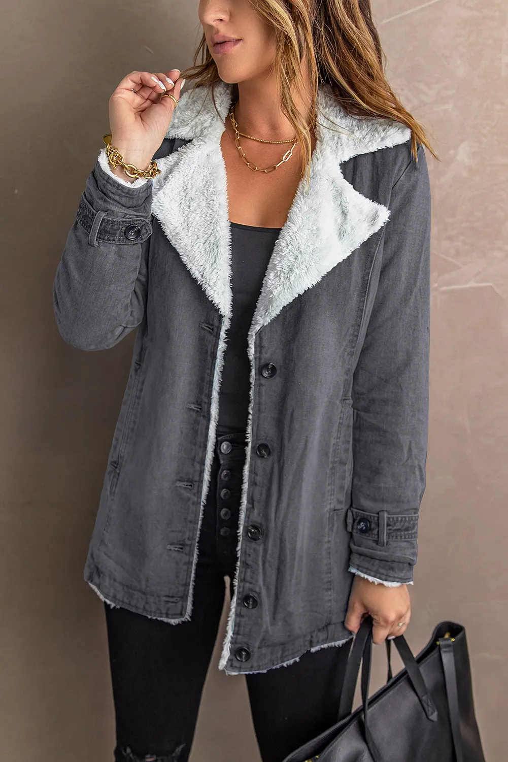 Button-Up Denim Jacket with Sherpa Details