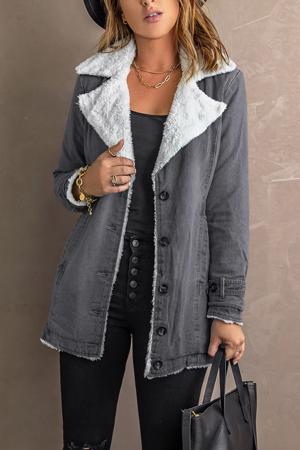 Button-Up Denim Jacket with Sherpa Details