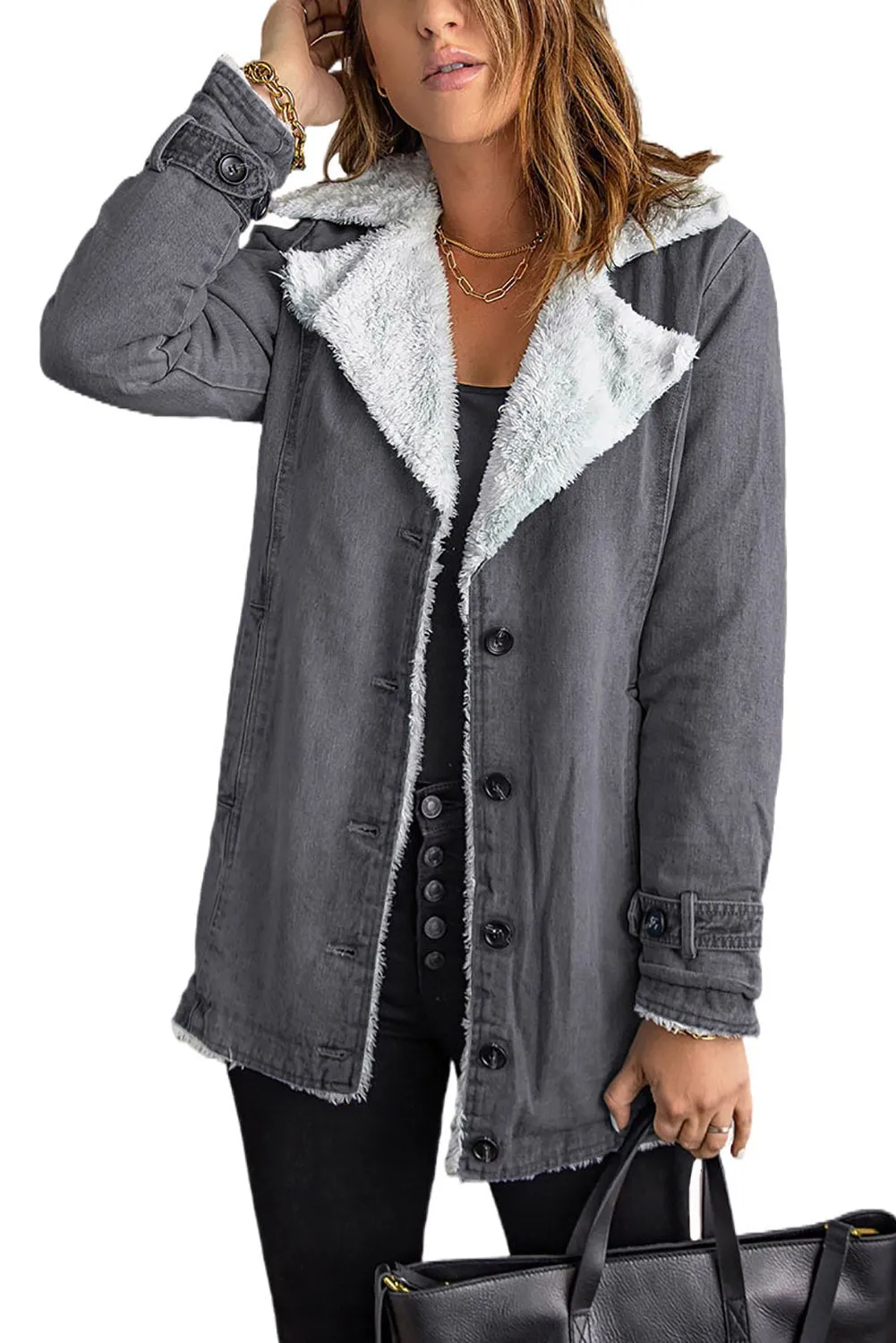 Button-Up Denim Jacket with Sherpa Details