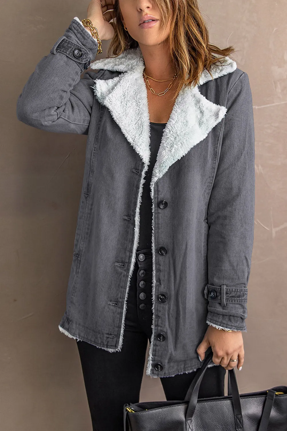 Button-Up Denim Jacket with Sherpa Details