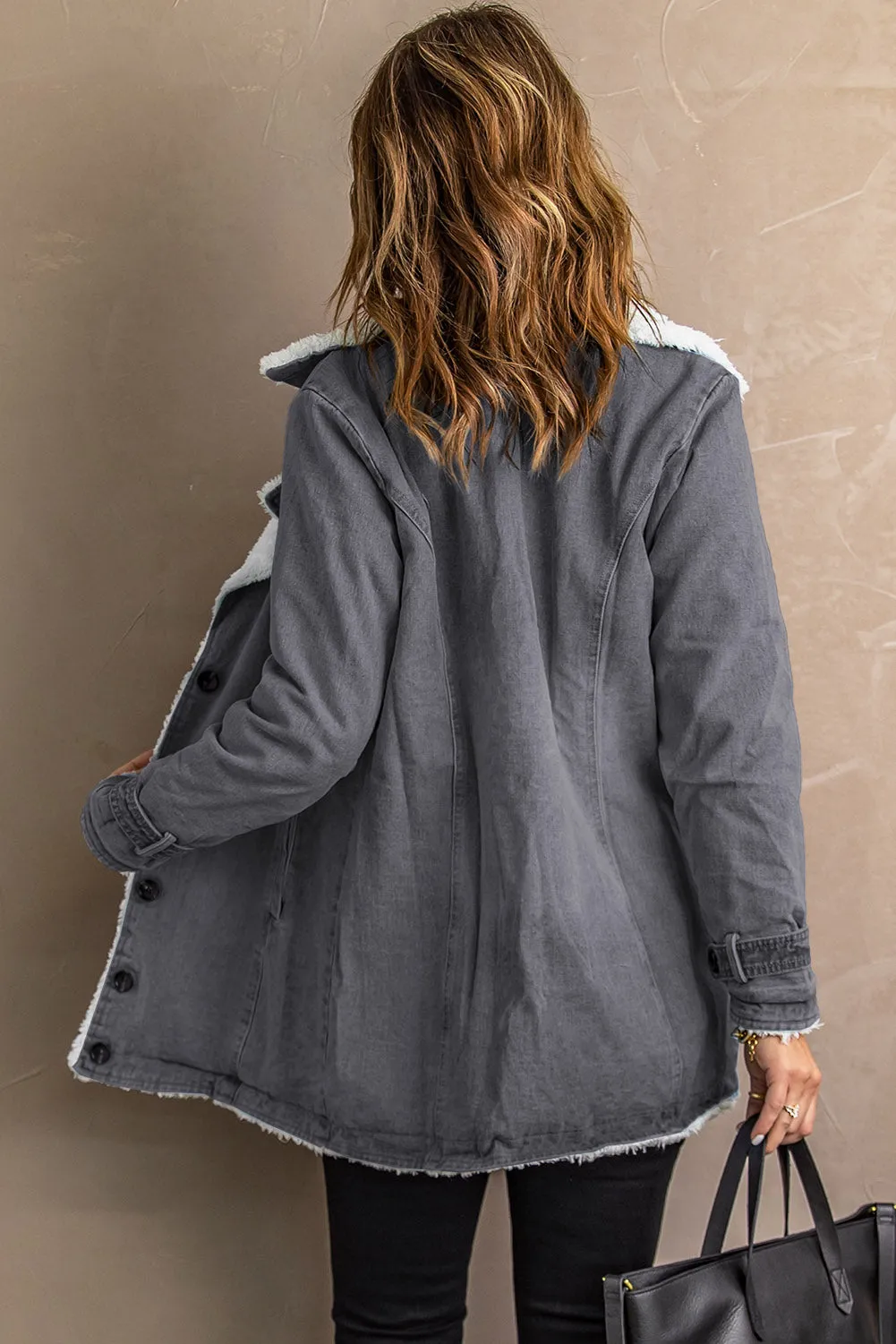 Button-Up Denim Jacket with Sherpa Details