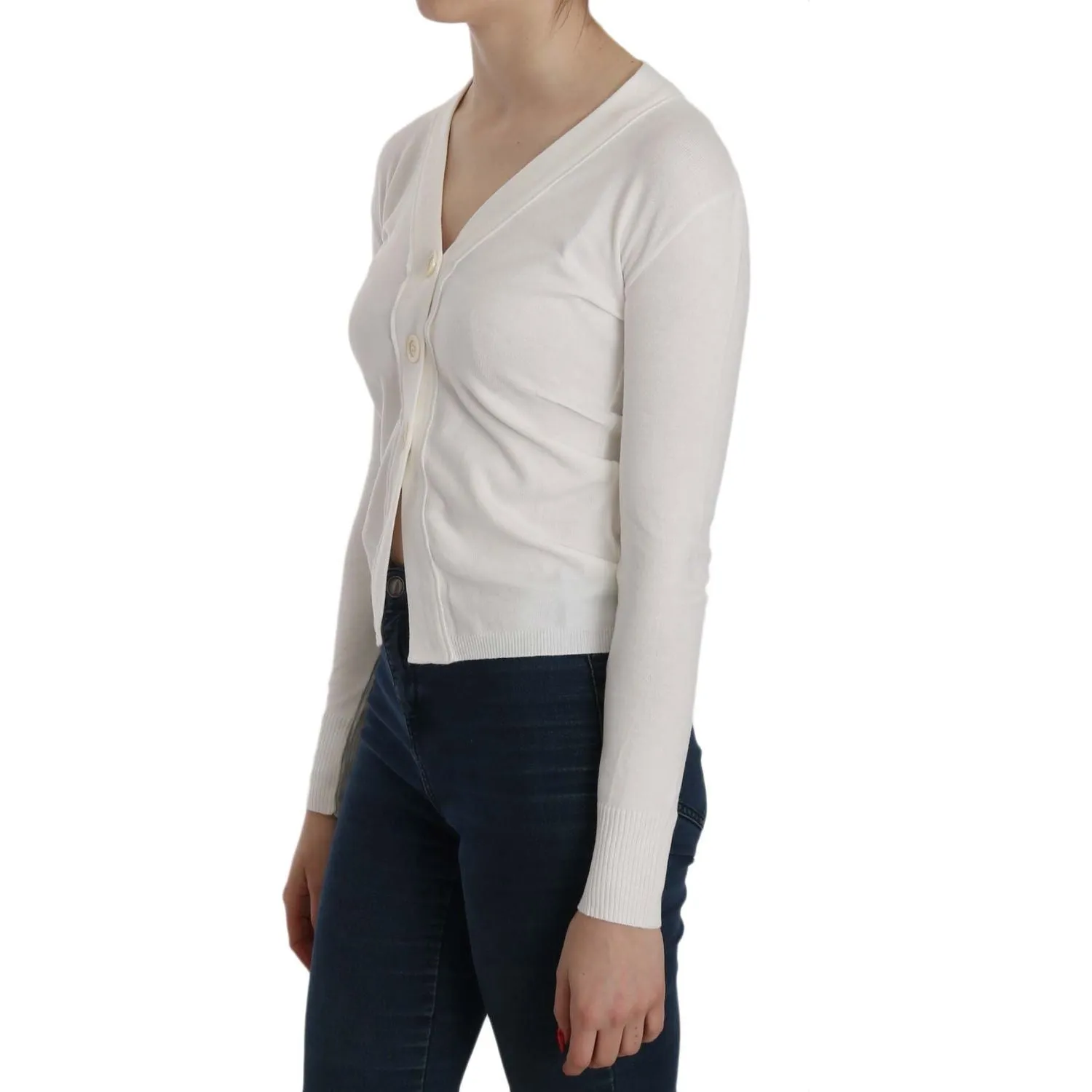 BYBLOS Elegant White V-Neck Cropped Cardigan Blouse