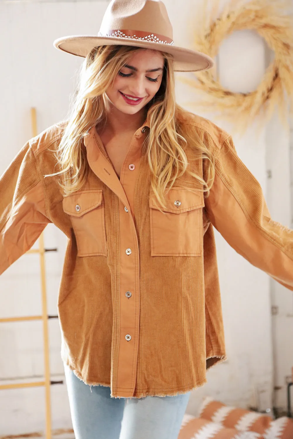 Camel Cotton Corduroy Distressed Button Down Jacket