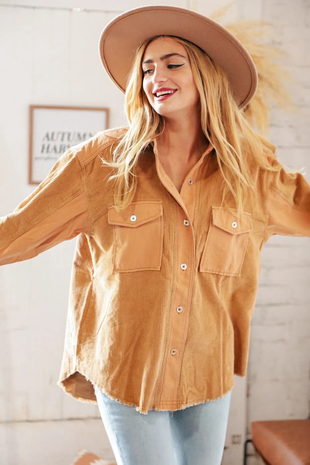 Camel Cotton Corduroy Distressed Button Down Jacket