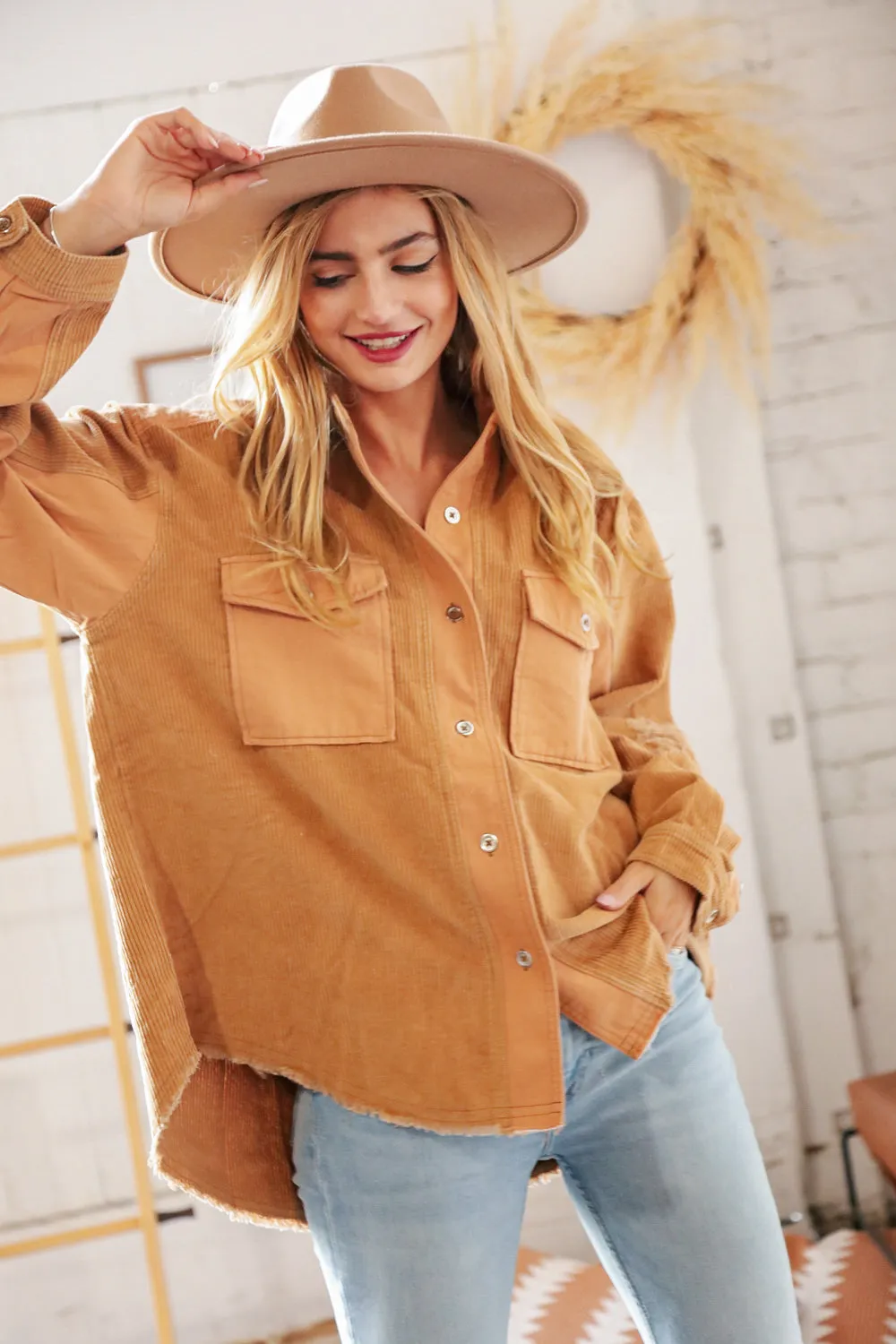 Camel Cotton Corduroy Distressed Button Down Jacket