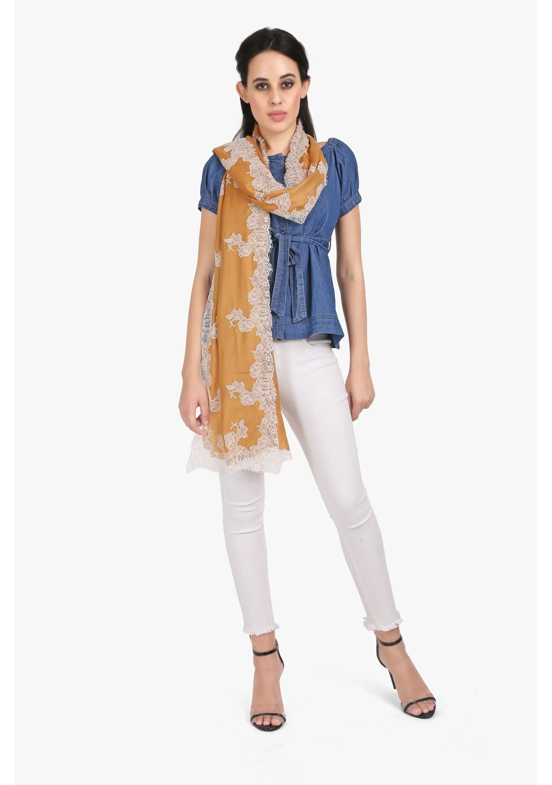 Camel Modal Scarf with an Ivory Filigree Lace Border