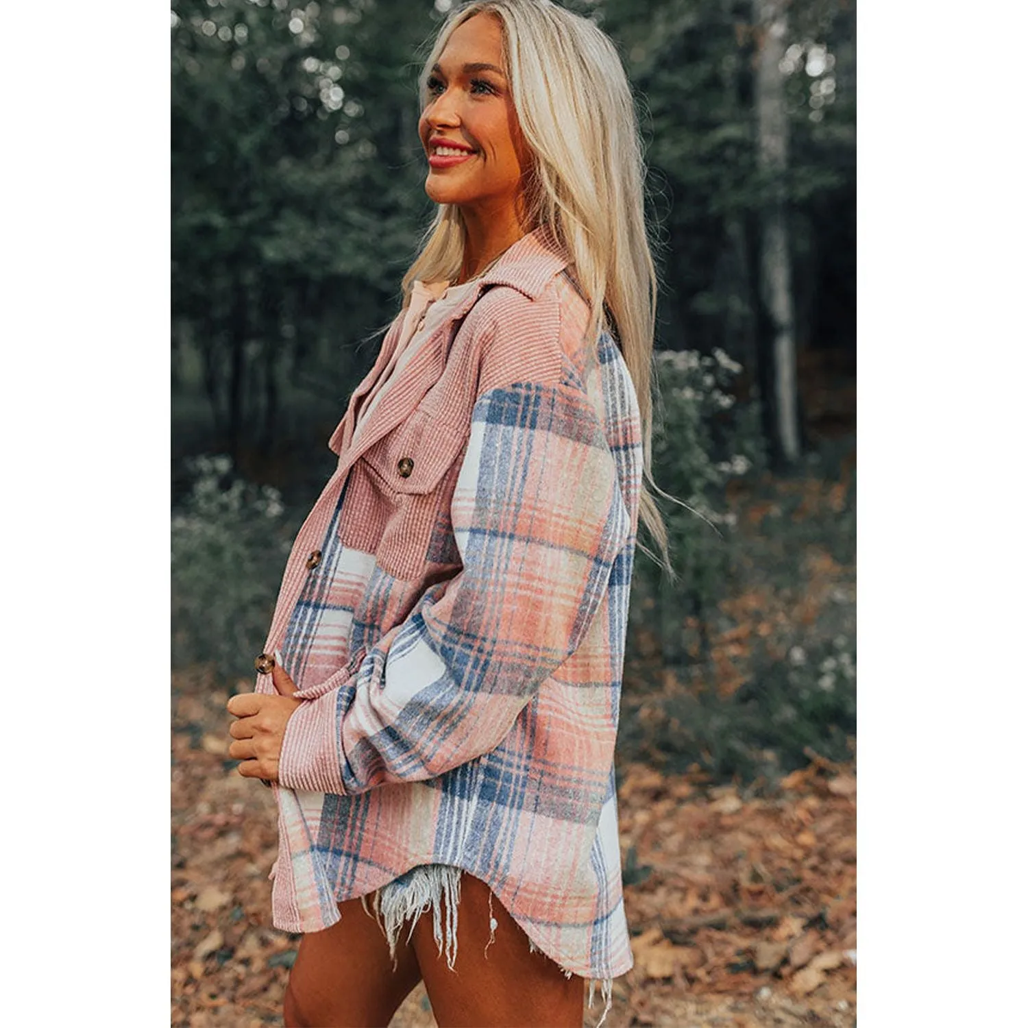 Campfire Nights Light Pink Plaid Corduroy Patchwork Chest Pocket Shacket