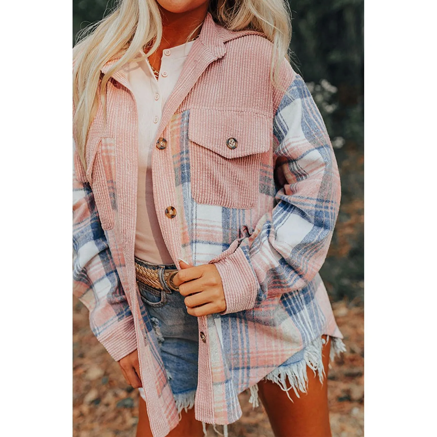 Campfire Nights Light Pink Plaid Corduroy Patchwork Chest Pocket Shacket