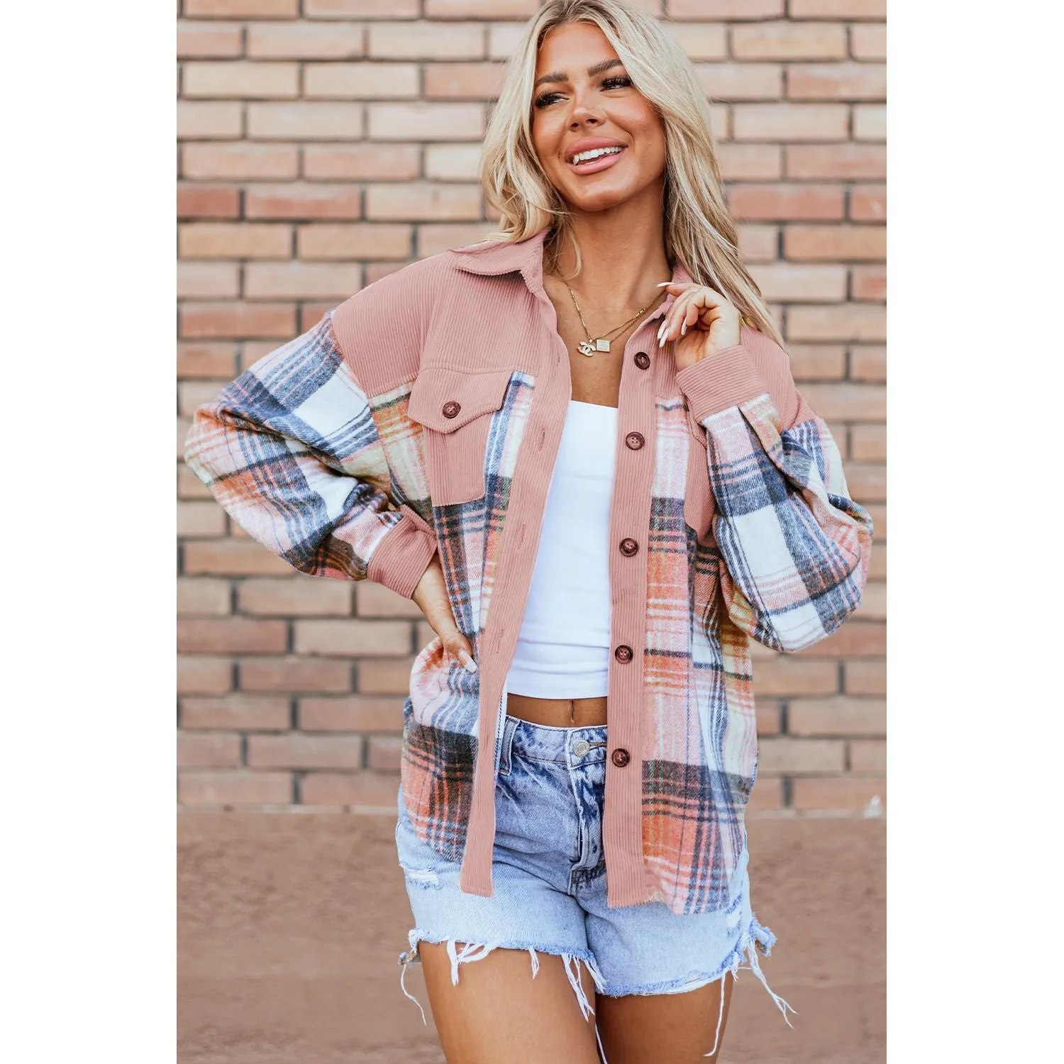 Campfire Nights Light Pink Plaid Corduroy Patchwork Chest Pocket Shacket