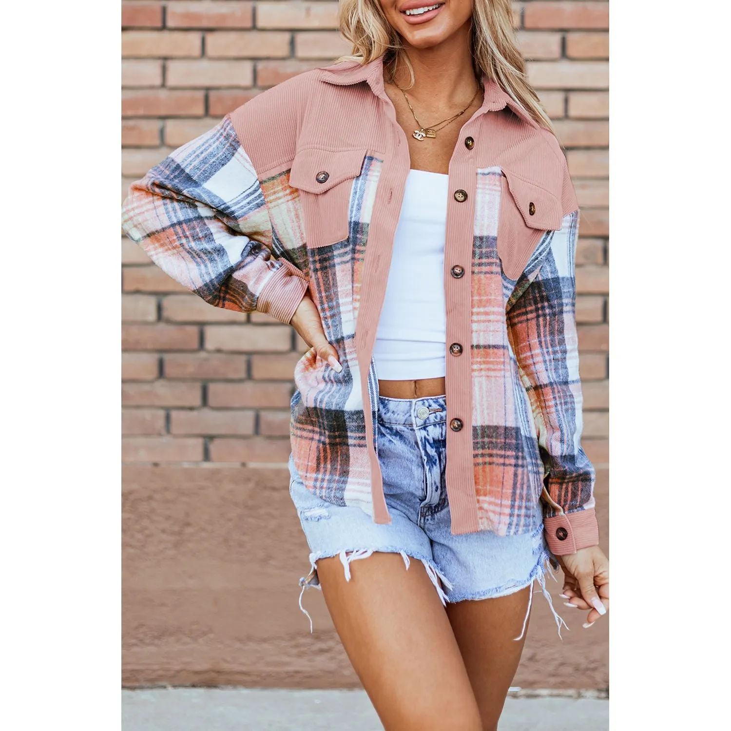 Campfire Nights Light Pink Plaid Corduroy Patchwork Chest Pocket Shacket