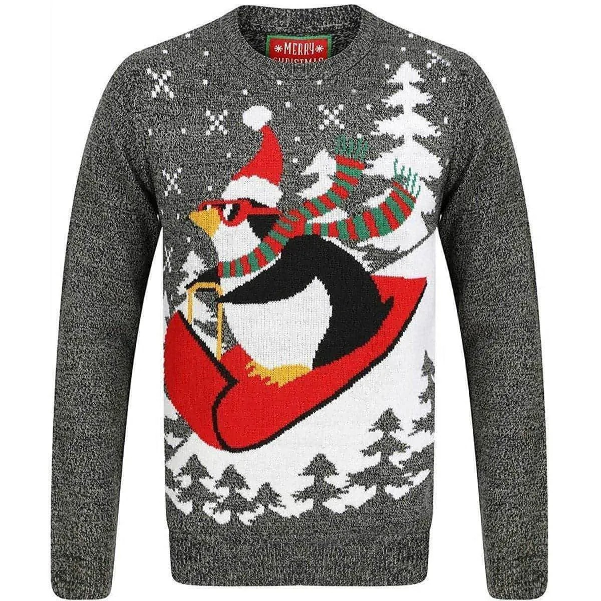 Christmas Penguin Sledge Mens Christmas Jumper - Grey